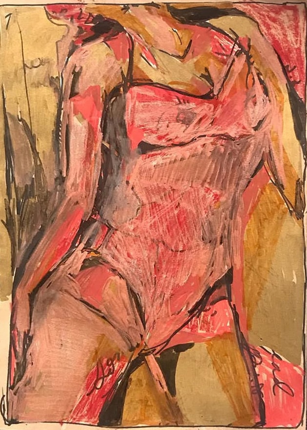 Attitude — expressive figure study in pink and coral mixed media on warm ochre ground