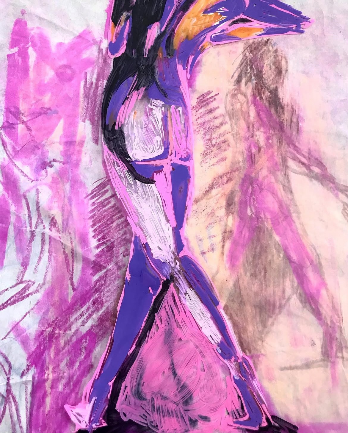 Legs — bold figure in purple and magenta acrylic with orange accents on white ground