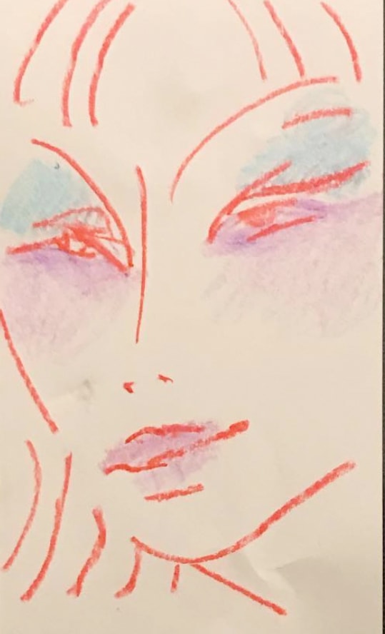 Face — red crayon and watercolor portrait with blue and lavender eye shadows