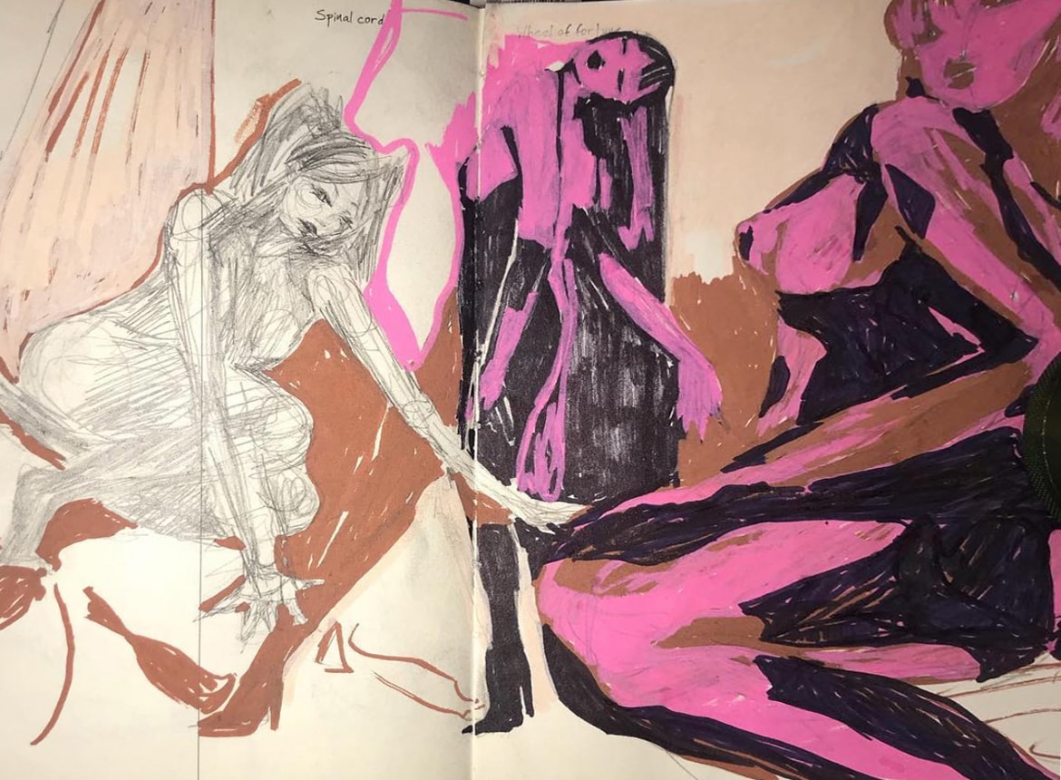 Ladies — sketchbook spread with pencil and pink mixed media figure studies, Spinal Cord notation