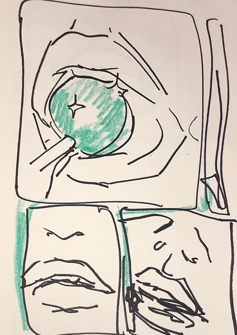 Lip Comic — comic panel layout with teal eye and face close-ups in black ink