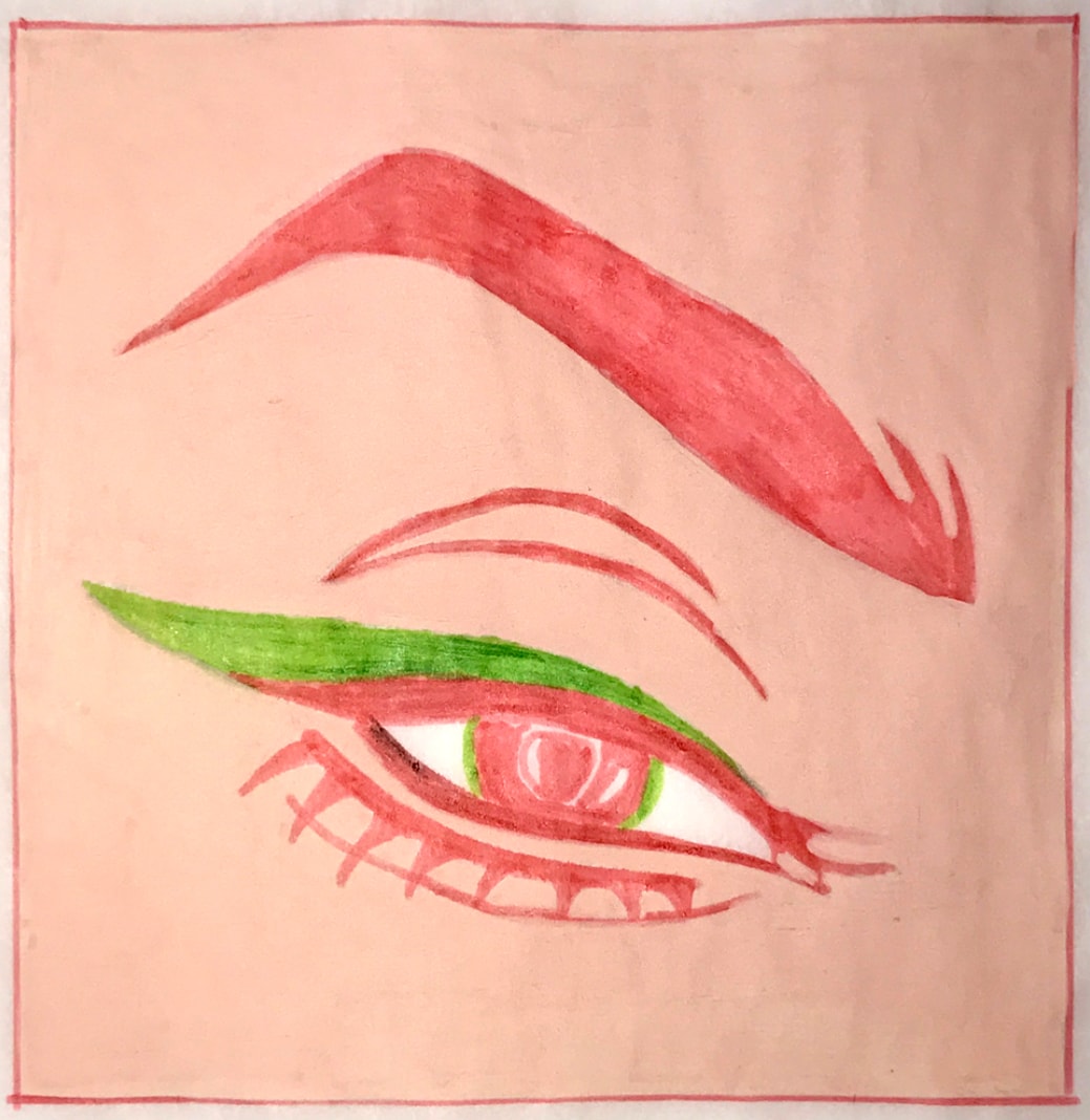 Eye illustration — yellow and grey stylized eye with bold brow on rust background