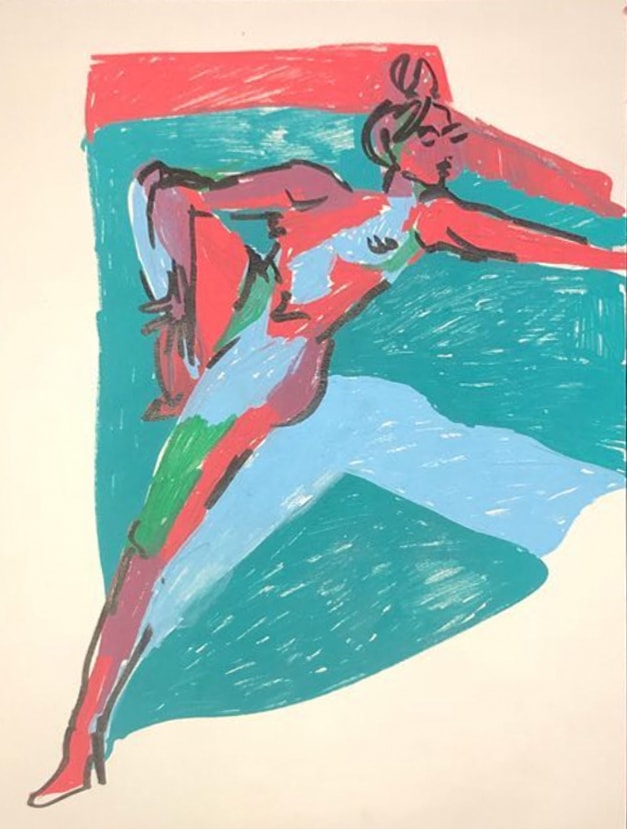 Yourang — reclining figure in red, teal and blue color-block screenprint on cream ground