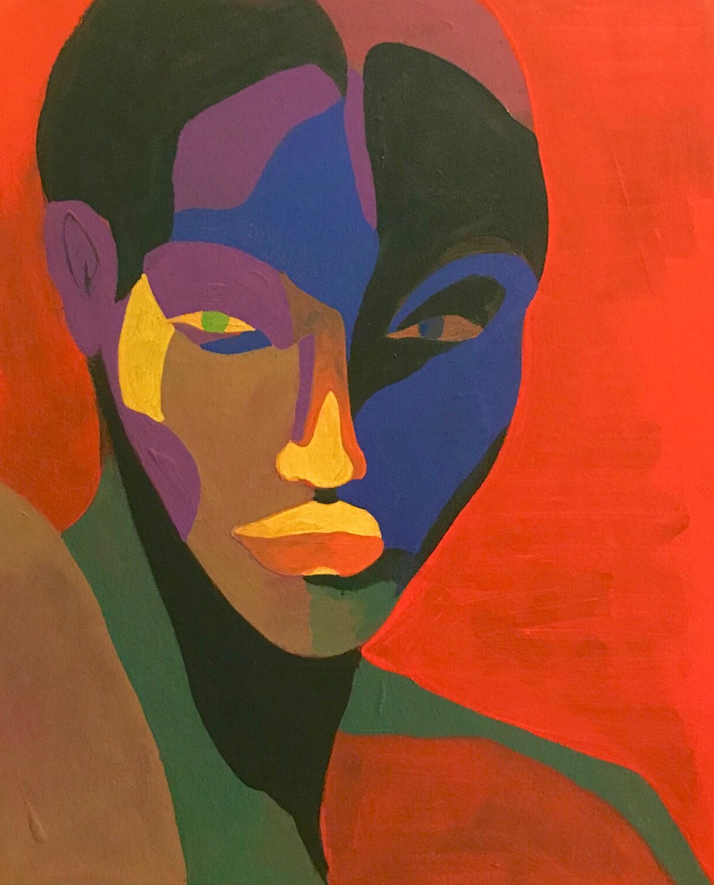 CIMOTL — bold modernist portrait with blue, purple, yellow and green color blocks on red ground