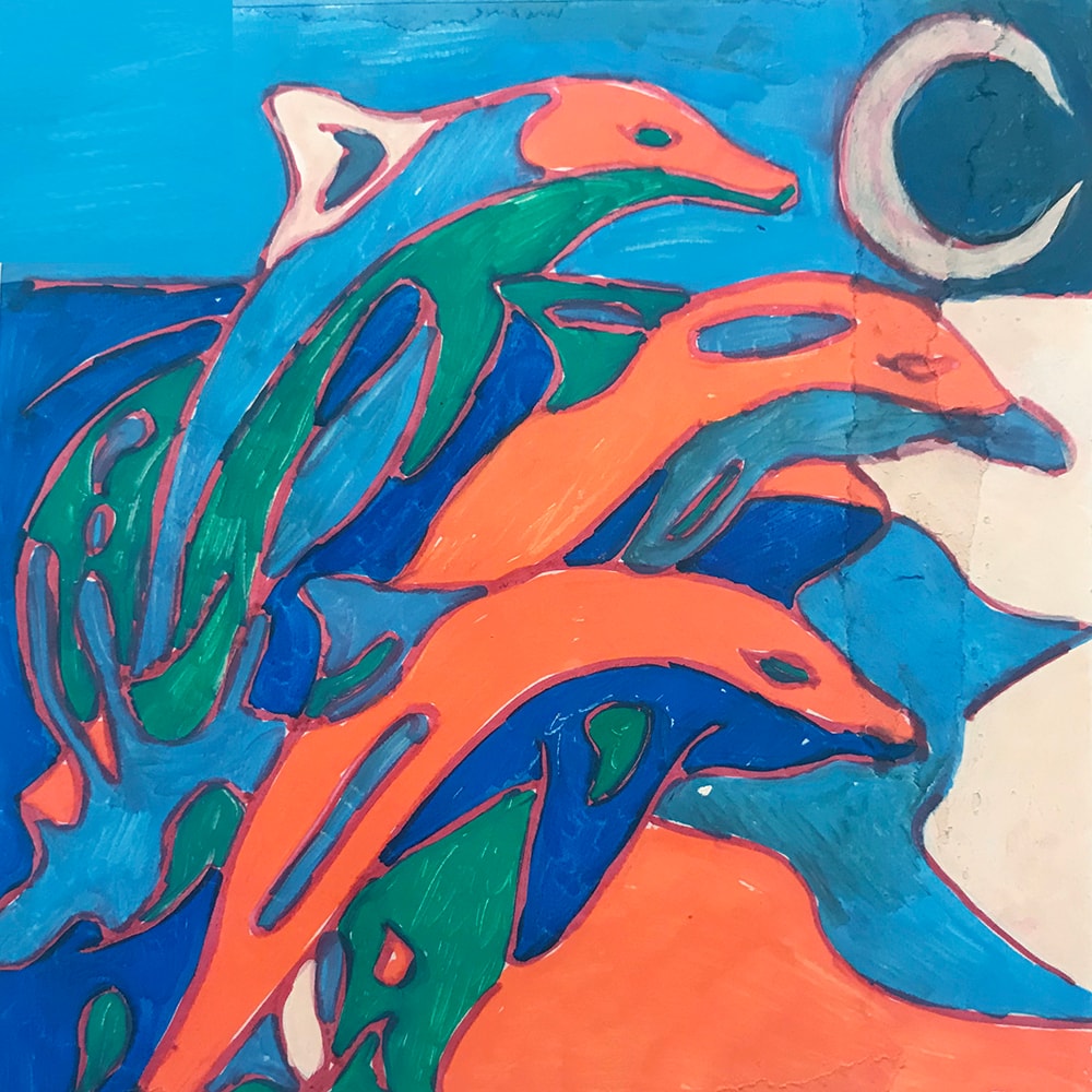Dolphin — stylized orange and green dolphins leaping against blue ocean with crescent moon