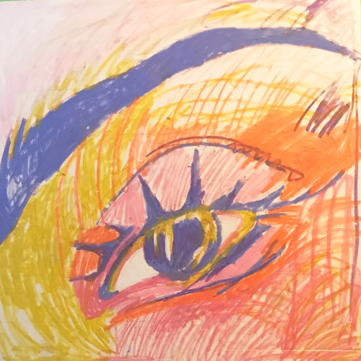 Eye — expressive crayon eye study in blue, yellow, orange and pink swirling strokes