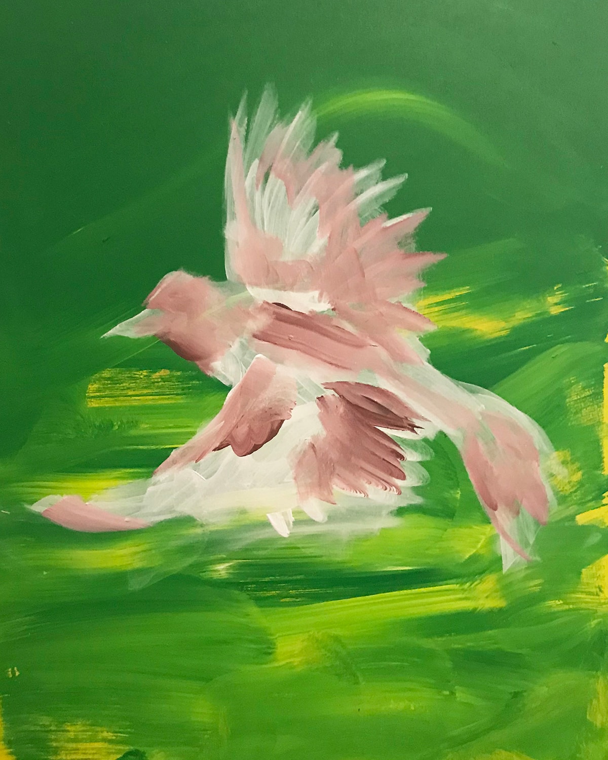 Freedom — pink and white bird in flight against vibrant green brushstroke background