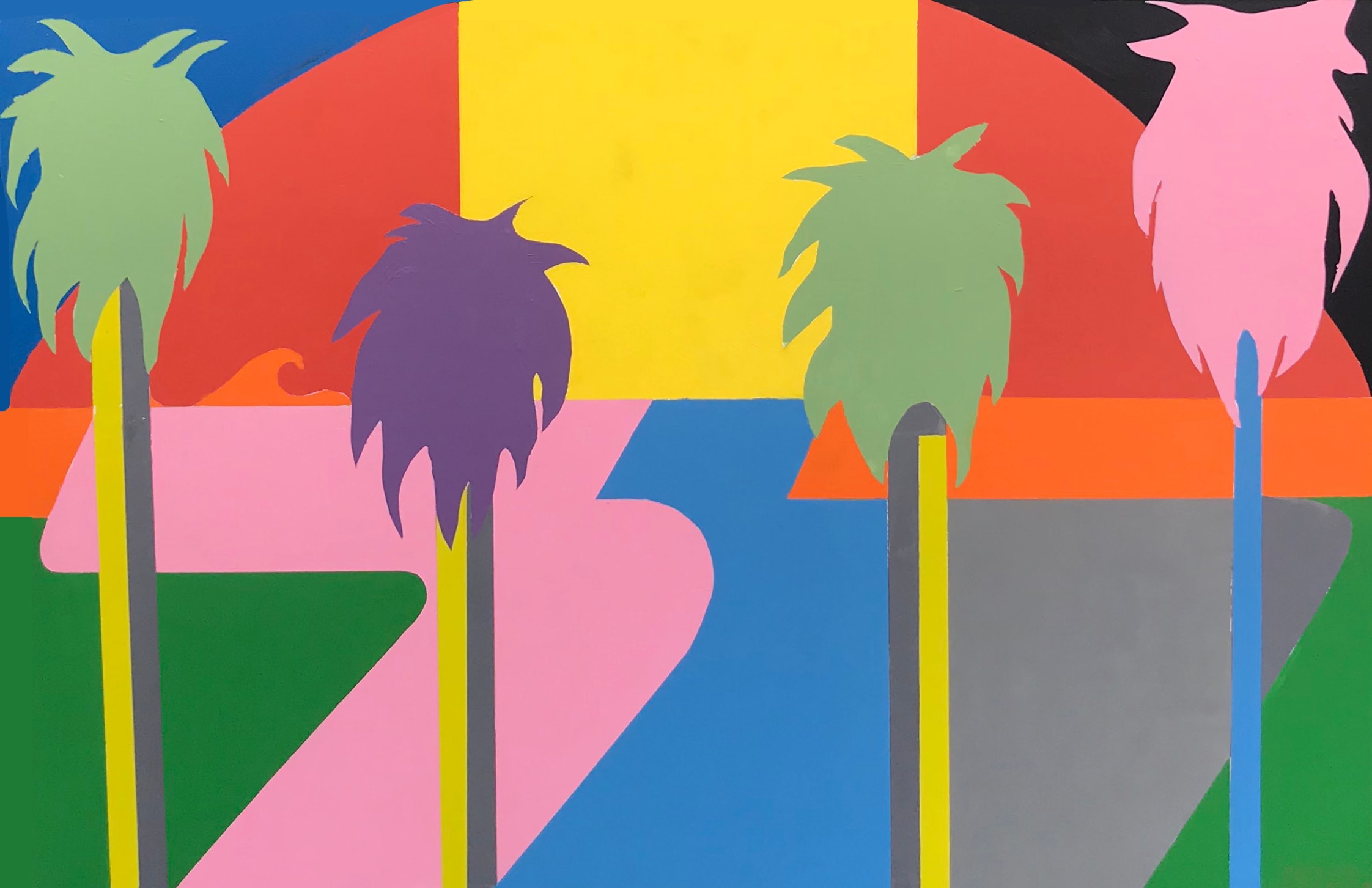 Peach Beach — bold geometric landscape with colorful palm silhouettes in green, purple, pink and yellow