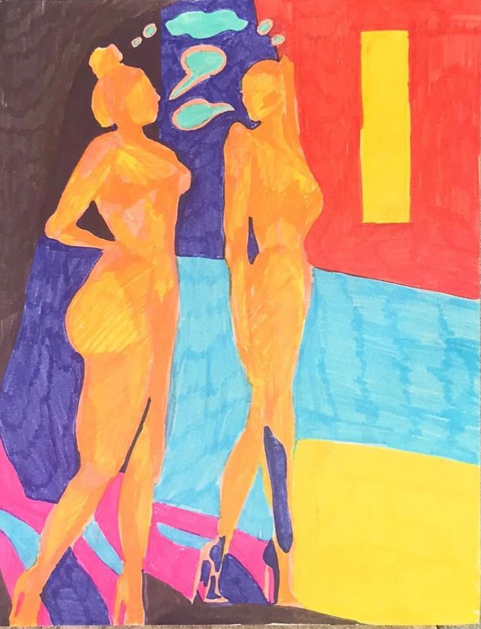 Two Women — orange figure studies against purple, teal, red and yellow color-block background with speech bubbles