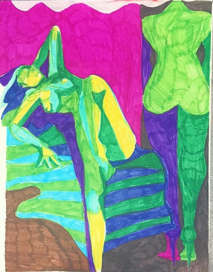 Green Figures — two neon green figure studies in marker on magenta and purple background