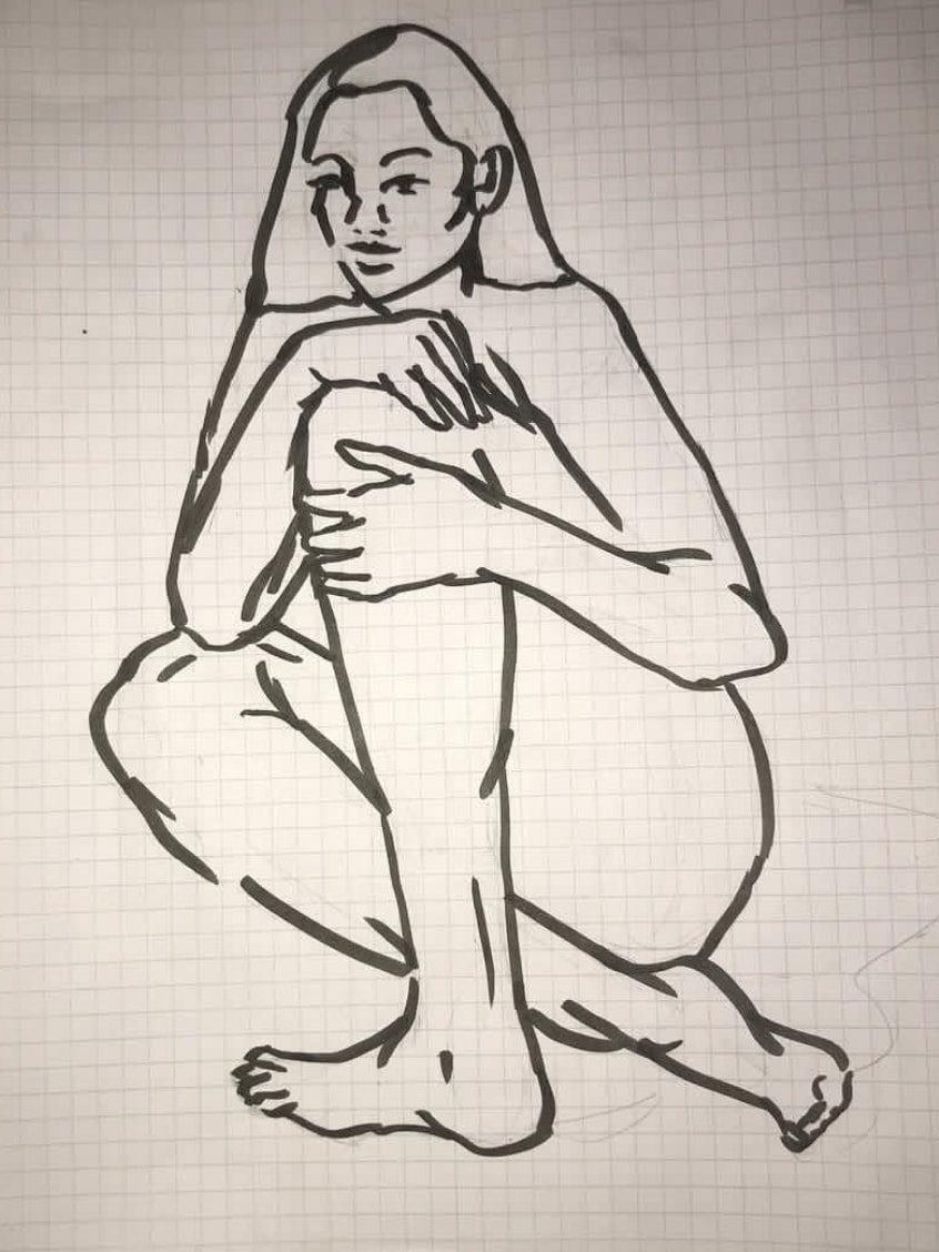 Seated Figure — bold ink contour drawing of seated woman on graph paper