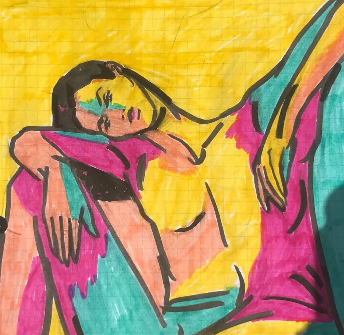 Reclining — figure study in magenta, teal and yellow marker on graph paper, reclining pose