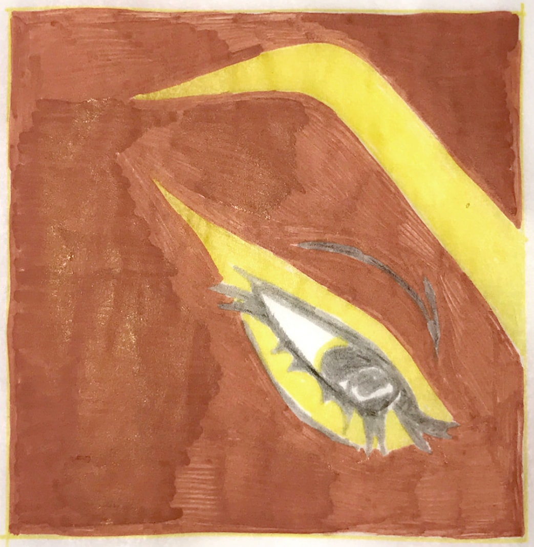 Eye illustration — blue and black stylized eye with thick liner on peach background