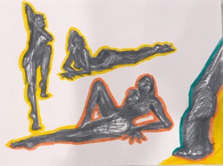 Poses — four grey figure studies with yellow and orange outlines on white ground
