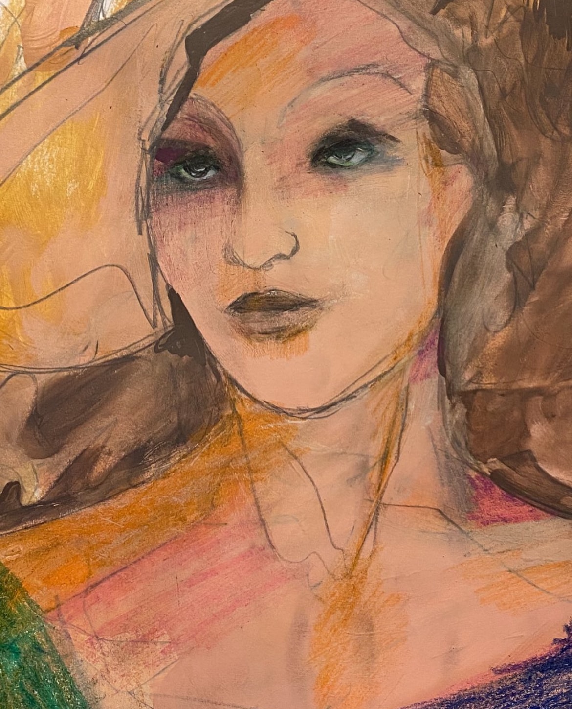 Woman with Hat — expressive mixed media portrait with green eyes, warm peach and orange tones, loose gestural marks