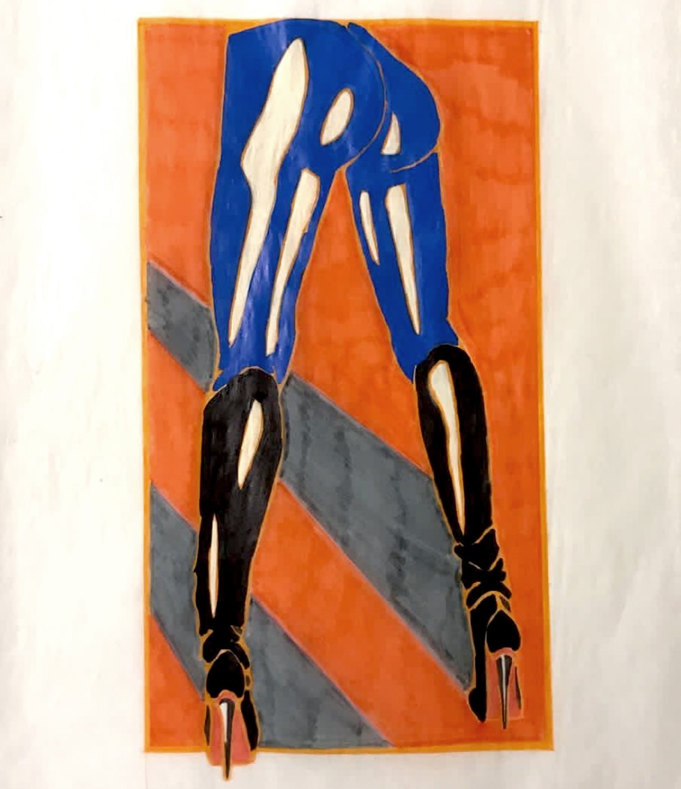 Attitude — blue legs in black stiletto heels, bold graphic illustration on orange background