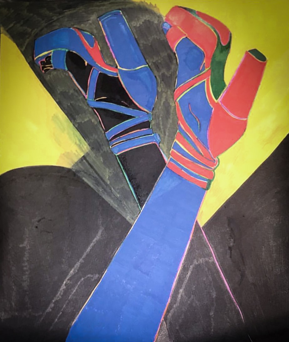 Feet Up — colorful platform heels crossed and stacked, vivid illustration on yellow and black background