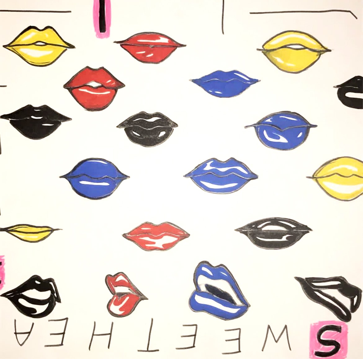 Sweethea — grid of hand-drawn lips in yellow, red, blue and black marker on white background