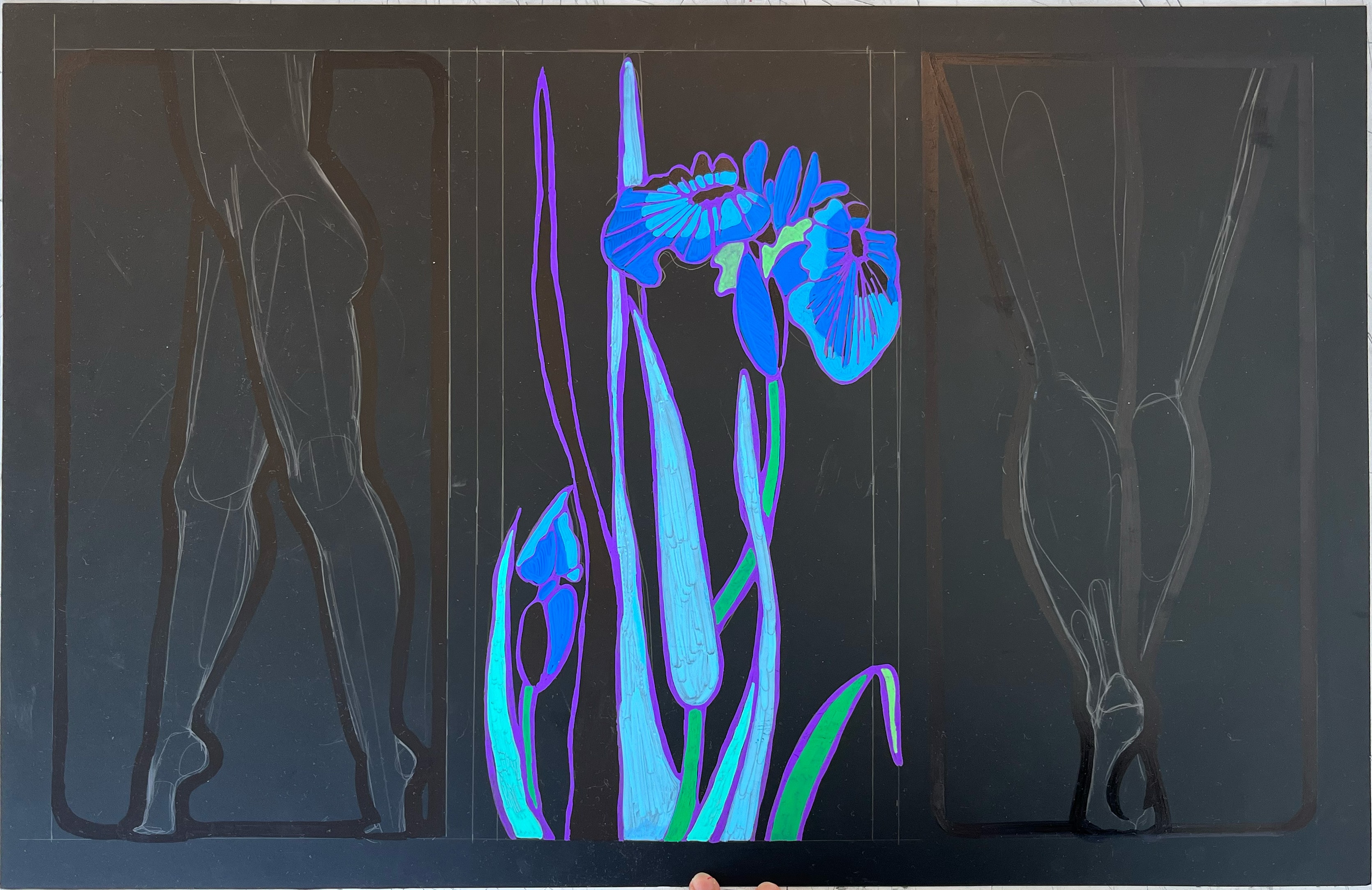 Iris — neon blue and purple iris flowers with white figure outlines on black ground, mixed media, 2022