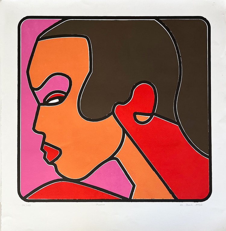 Piercer 03/08 — screenprint profile face, orange and red on magenta ground, KH Peach 2022