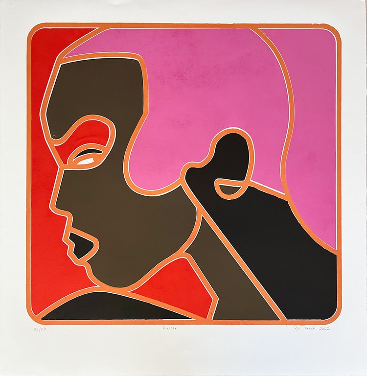 Piercer 04/08 — screenprint profile face, red and brown on pink and red ground, KH Peach 2022