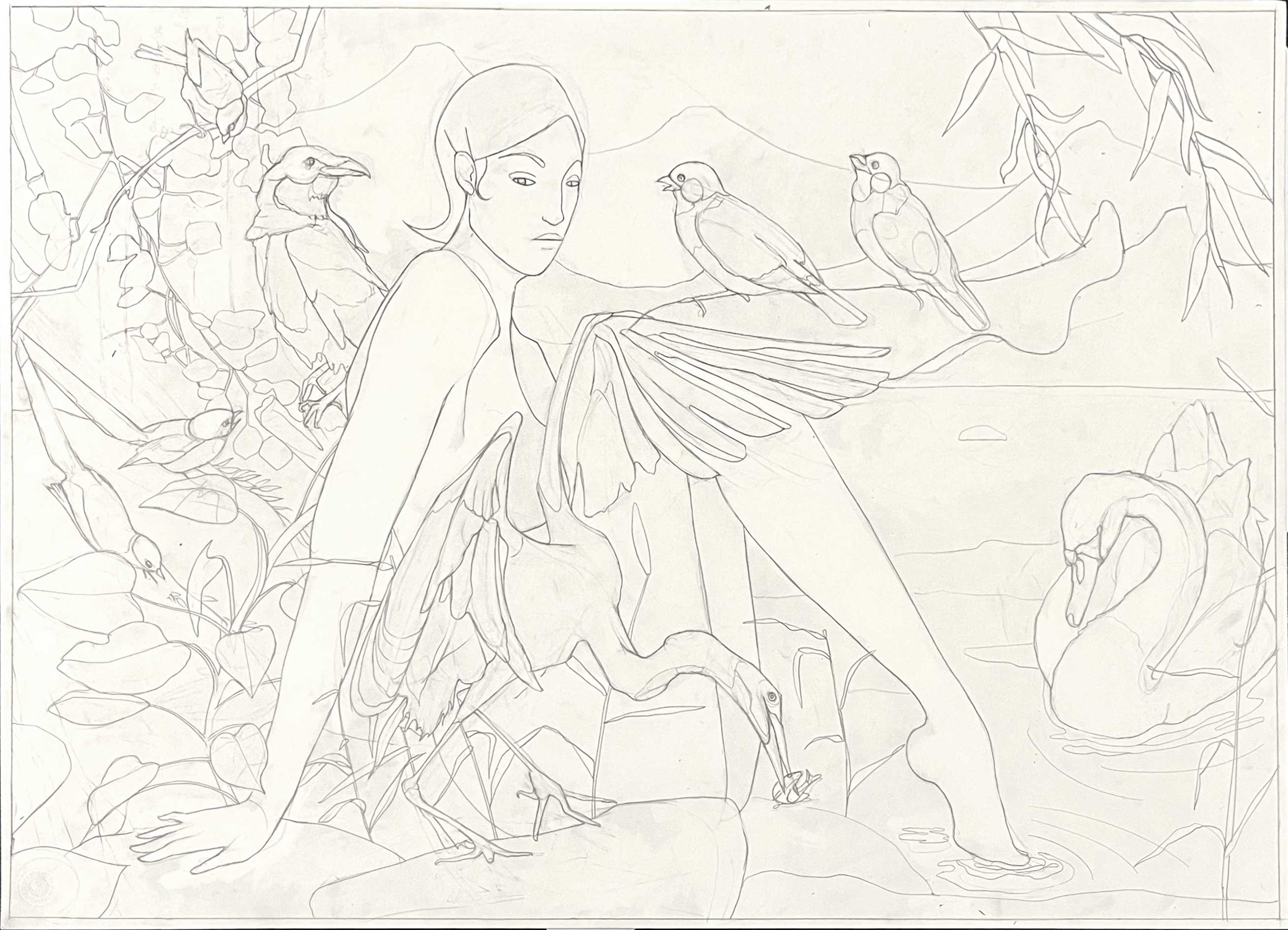 Angel — pencil line drawing figure with bird wings surrounded by birds, swan and botanical elements, 2022
