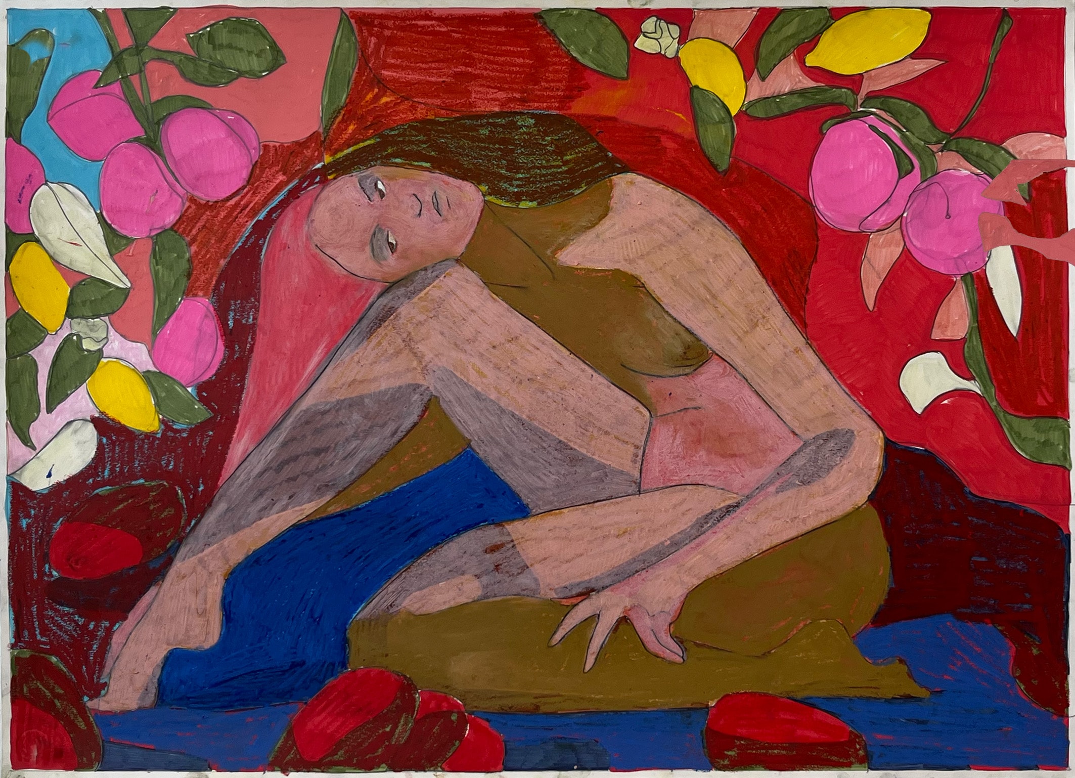 Seeing Through the Eye — reclining figure with vibrant red background, pink and yellow fruit, mixed media, 2022