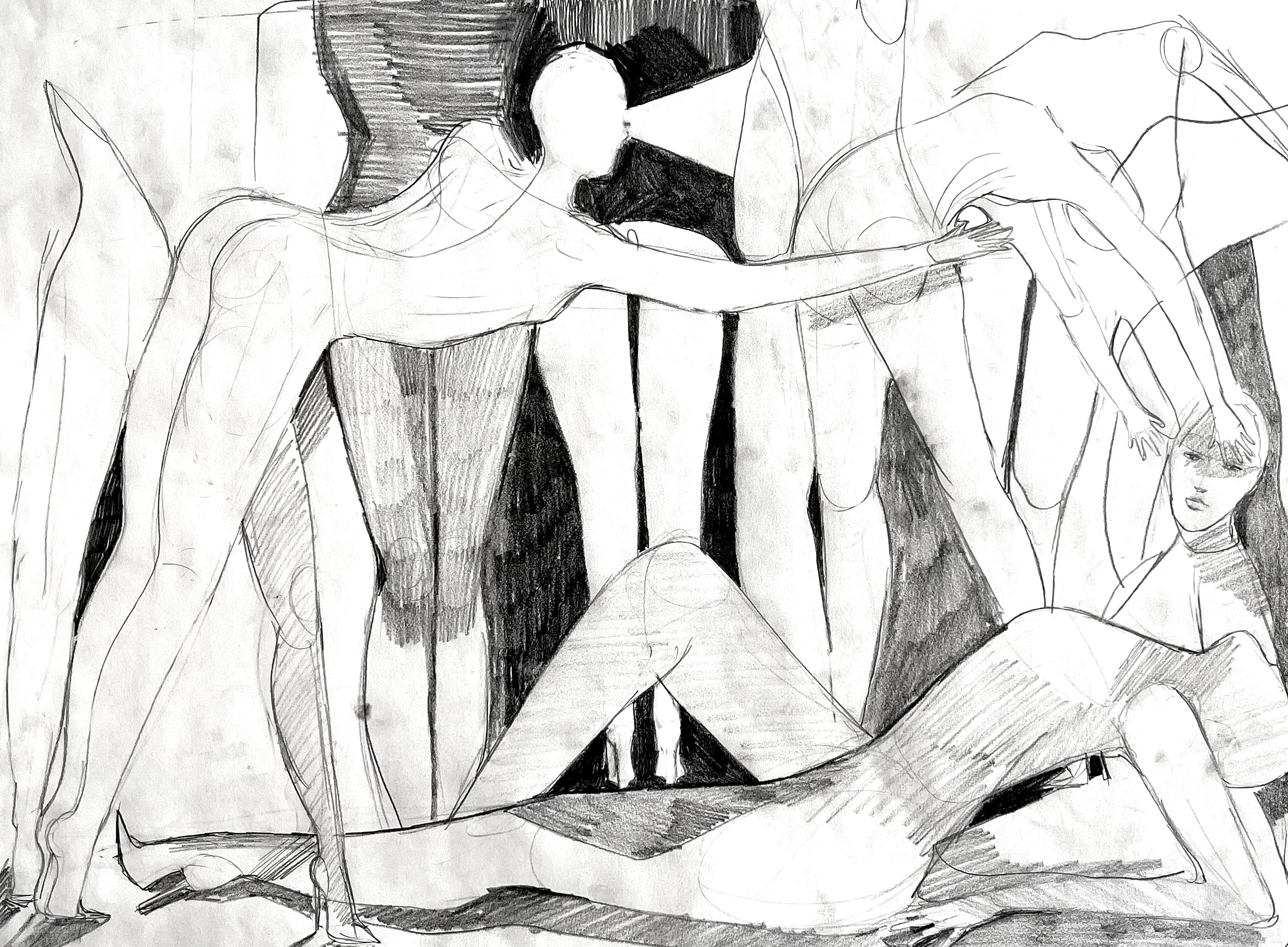 Dream — pencil and charcoal composition of multiple intertwined figures, gestural line drawing, 2022
