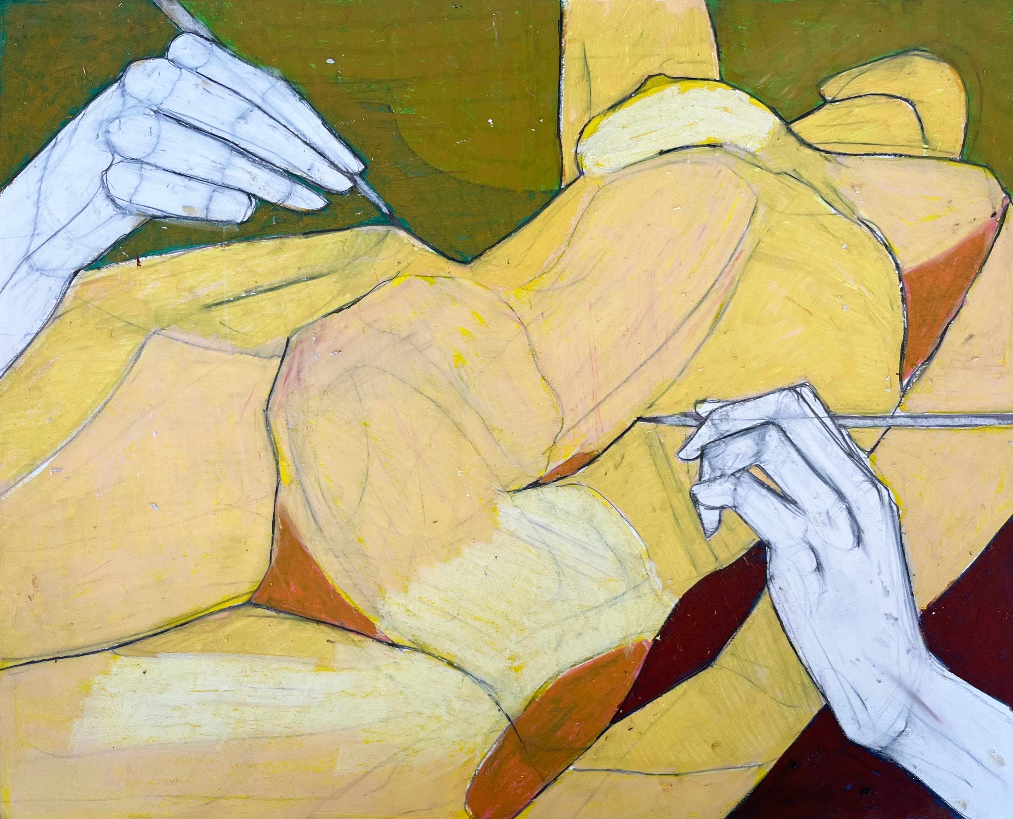 Hands — reclining figure in yellow and olive with white outlined hands holding a rod, mixed media, 2022