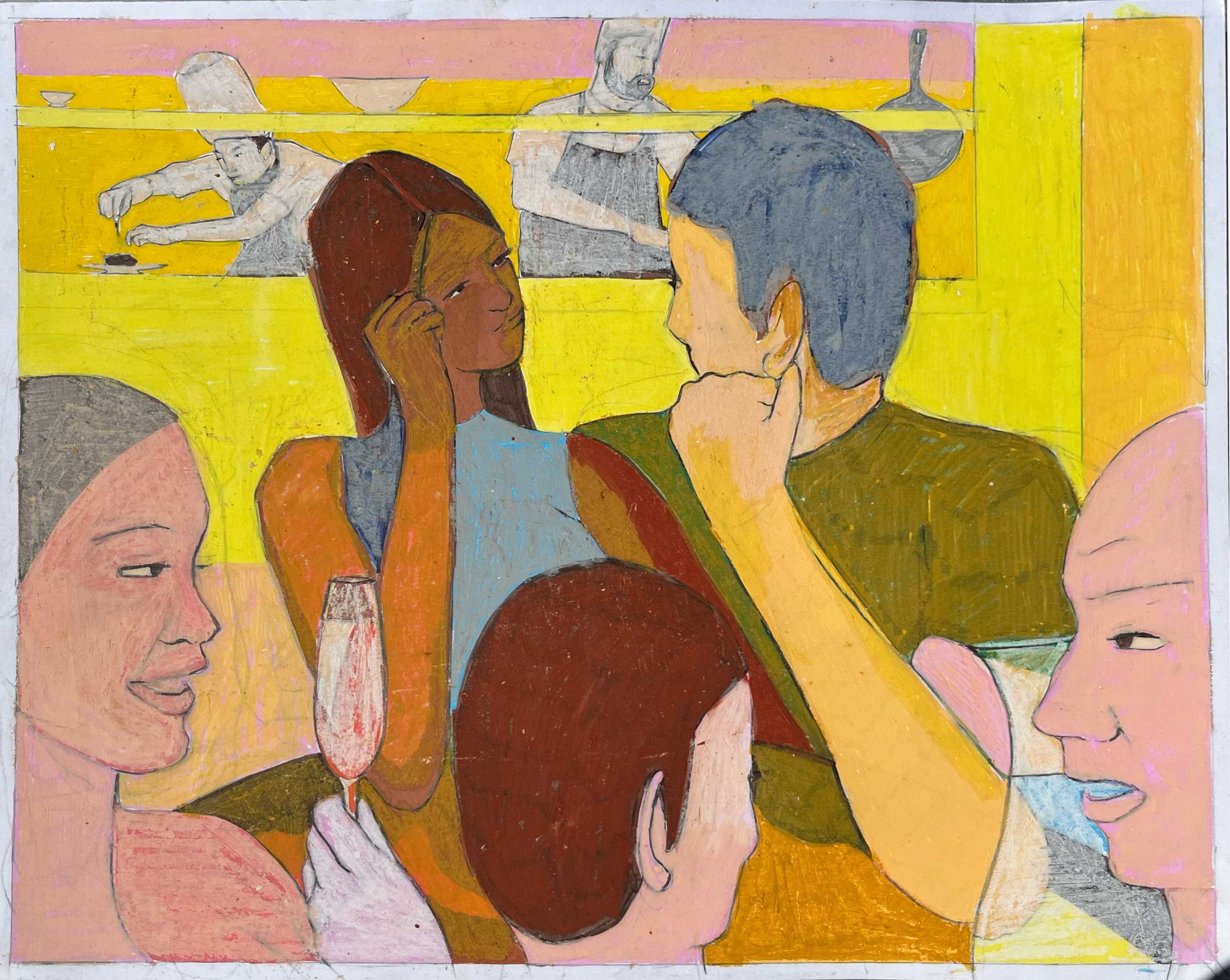 Restaurant — figurative scene with five people at a bar in yellow, pink, brown and blue, mixed media, 2022