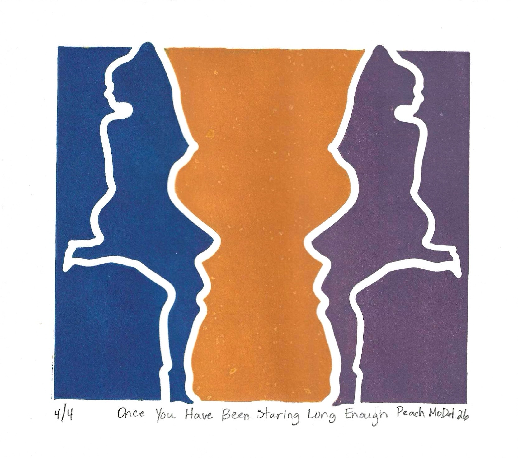 Once You Have Been Staring Long Enough — screenprint silhouette profiles in blue, orange and purple, KH Peach 2026