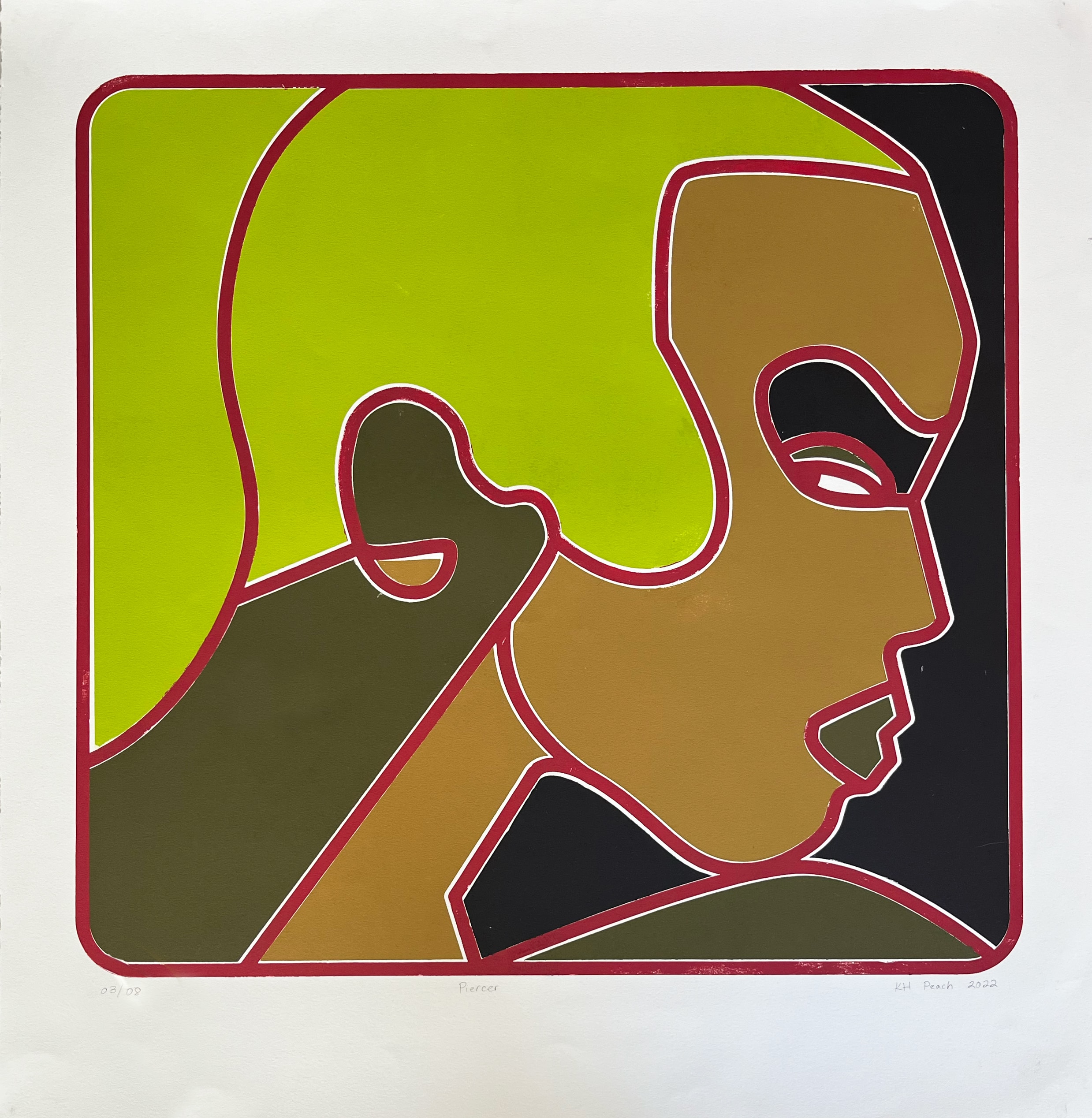 Piercer 03/08 — screenprint profile face, lime green and brown on black ground, KH Peach 2022