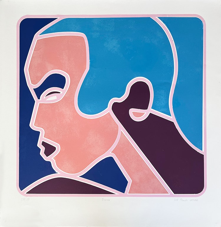 Piercer 08/08 — screenprint profile face, pink and purple on blue ground, KH Peach 2022
