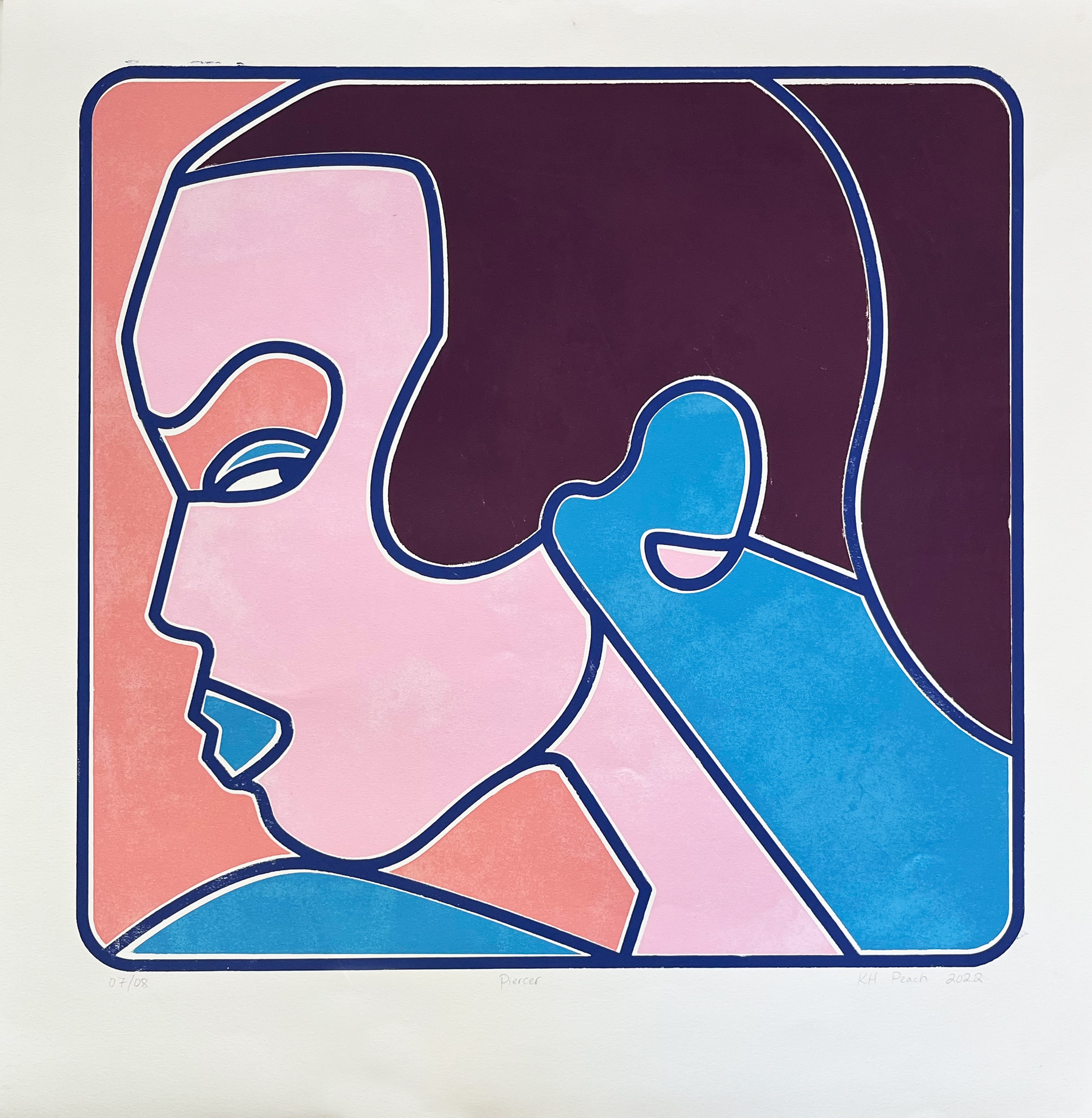 Piercer 07/08 — screenprint profile face, pink and blue on coral ground, KH Peach 2022