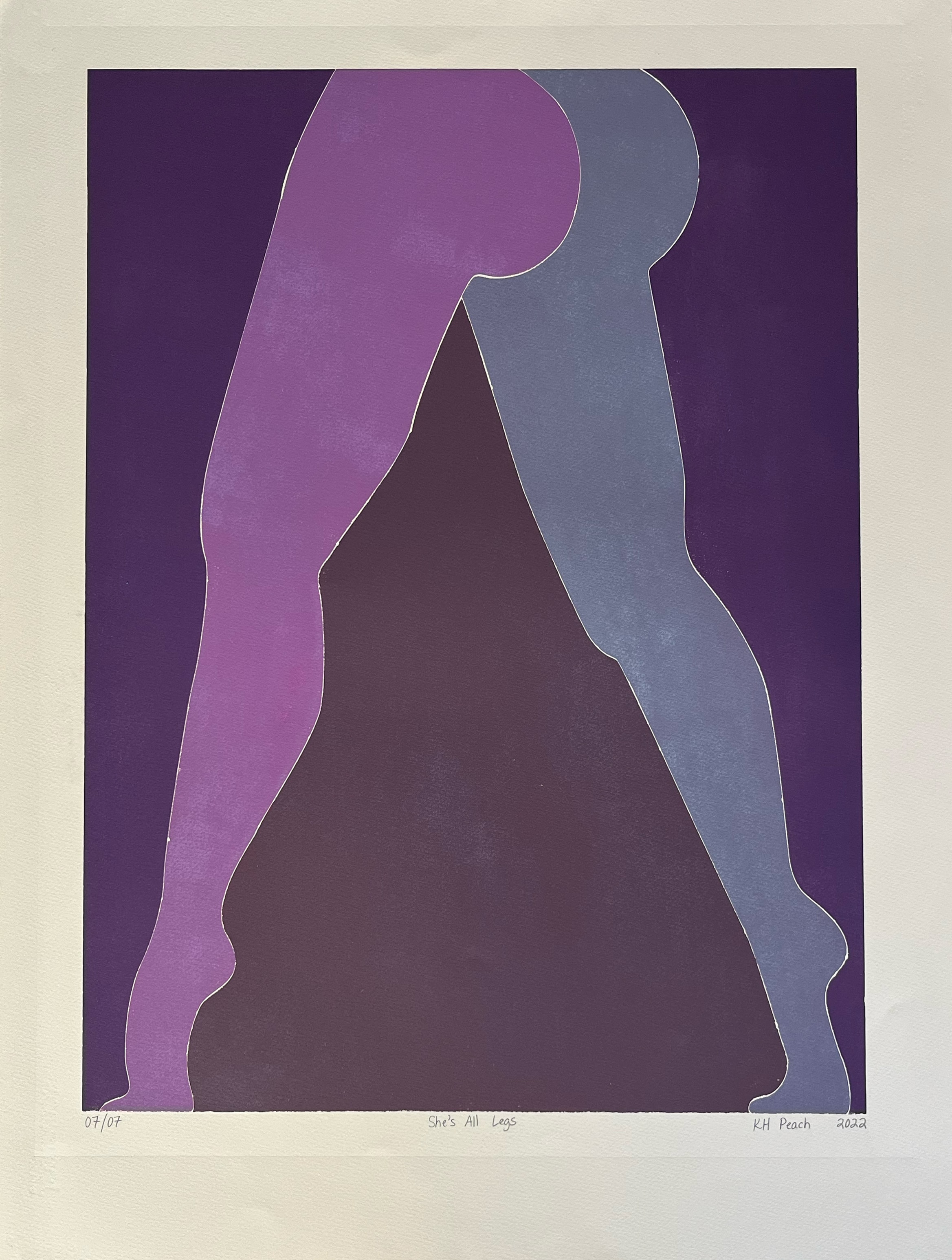 She's All Legs 07/07 — screenprint abstract leg silhouettes, purple and slate blue on deep purple ground, KH Peach 2022