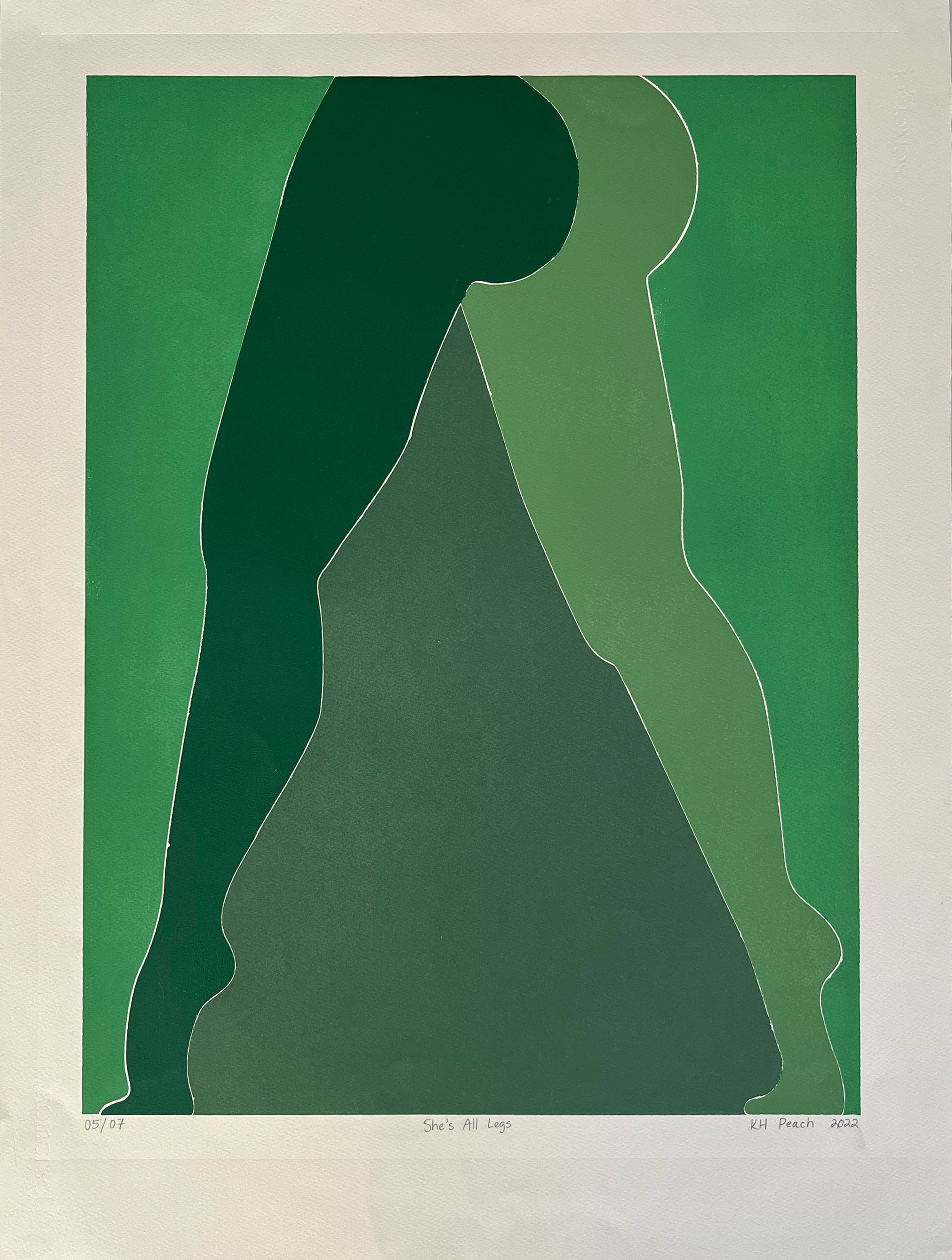 She's All Legs 05/07 — screenprint abstract leg silhouettes, dark and light green on bright green ground, KH Peach 2022