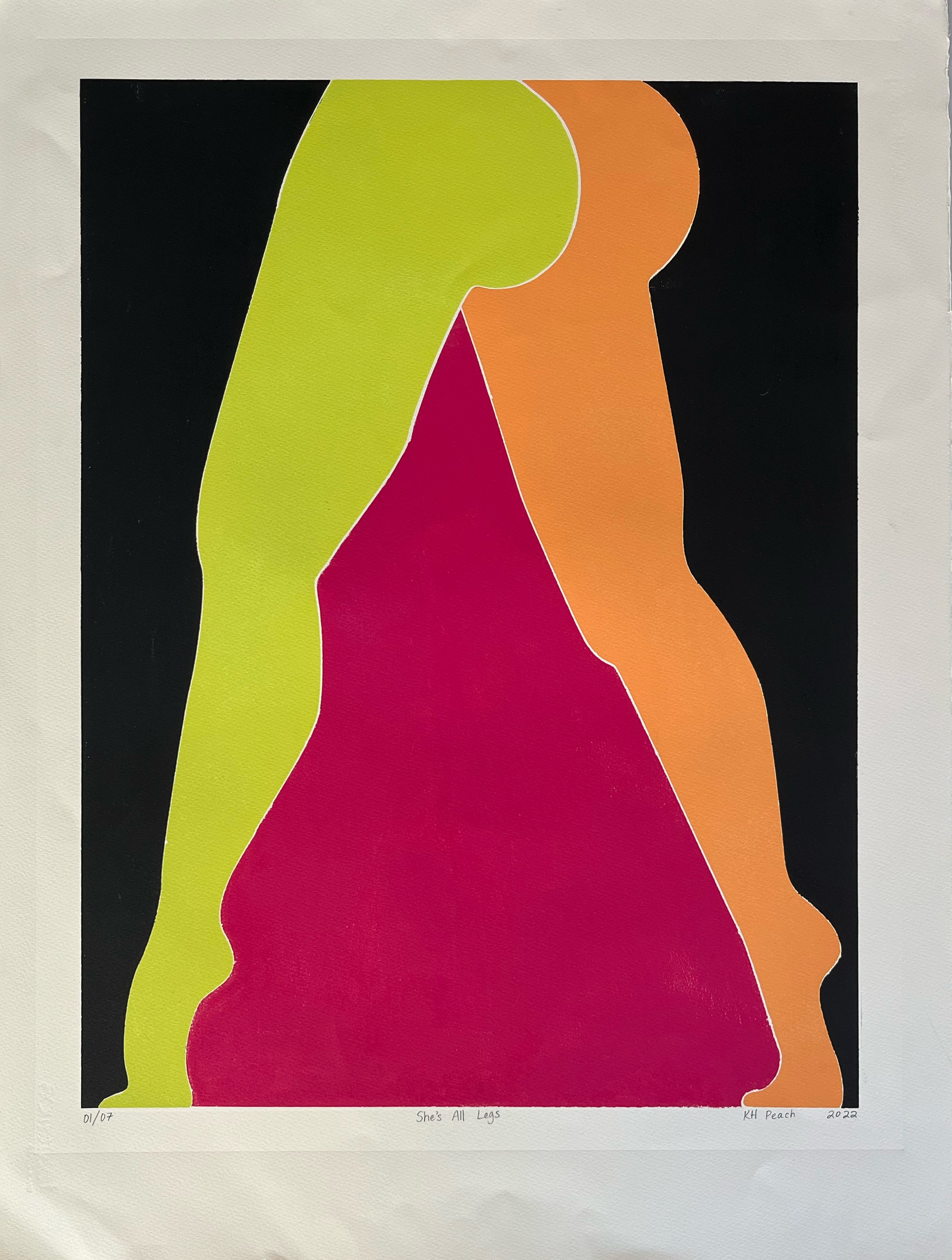 She's All Legs 01/07 — screenprint abstract leg silhouettes, lime green and orange on black ground, KH Peach 2022
