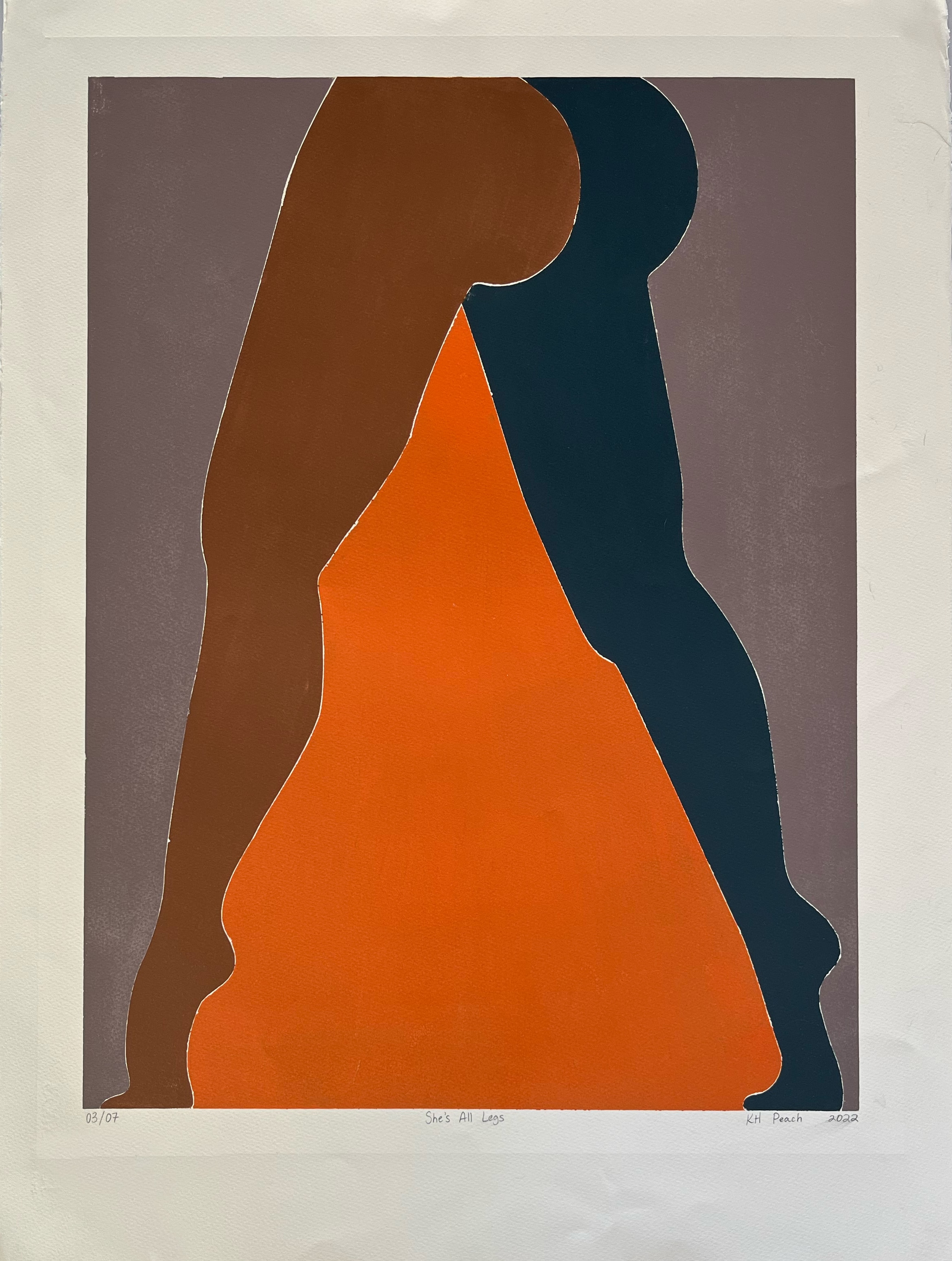 She's All Legs 03/07 — screenprint abstract leg silhouettes, brown and teal on orange ground, KH Peach 2022