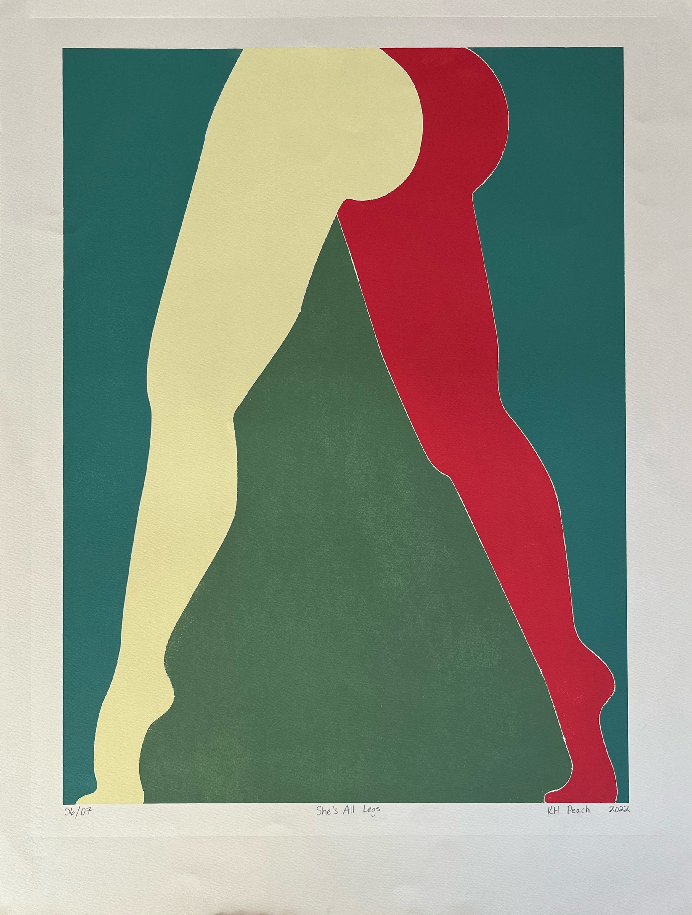 She's All Legs 01/07 — bold screenprint, lime green and orange legs on black ground, KH Peach 2022