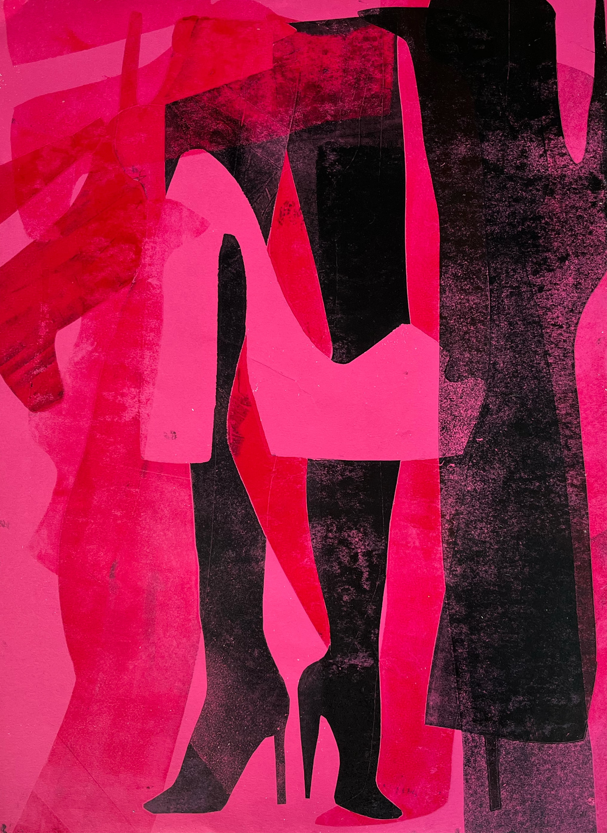 Monotype 1 — abstract magenta and black figure silhouettes layered, hot pink ground, KH Peach 2022
