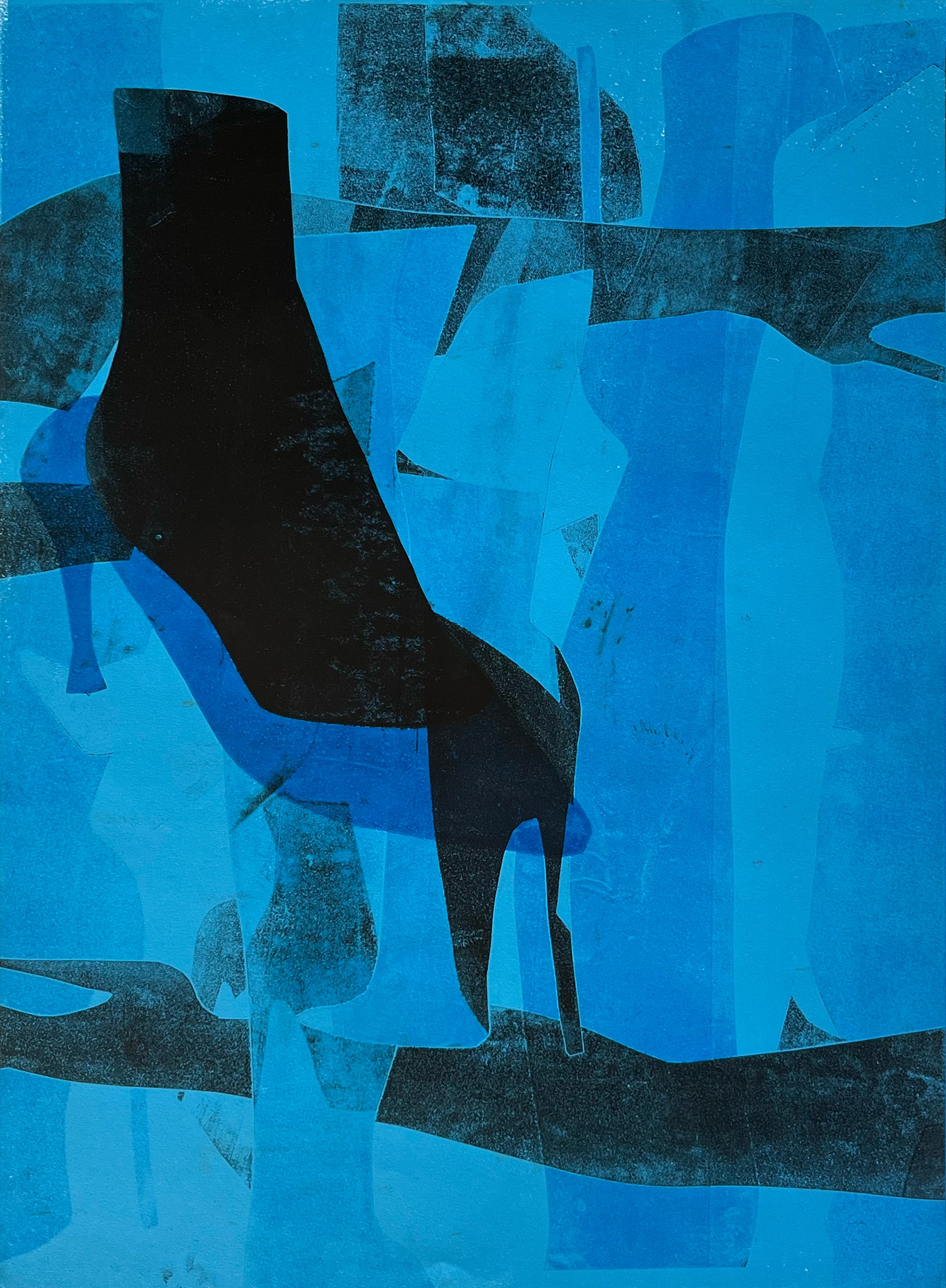 Monotype 3 — abstract black boot silhouette on cerulean blue ground, KH Peach 2022