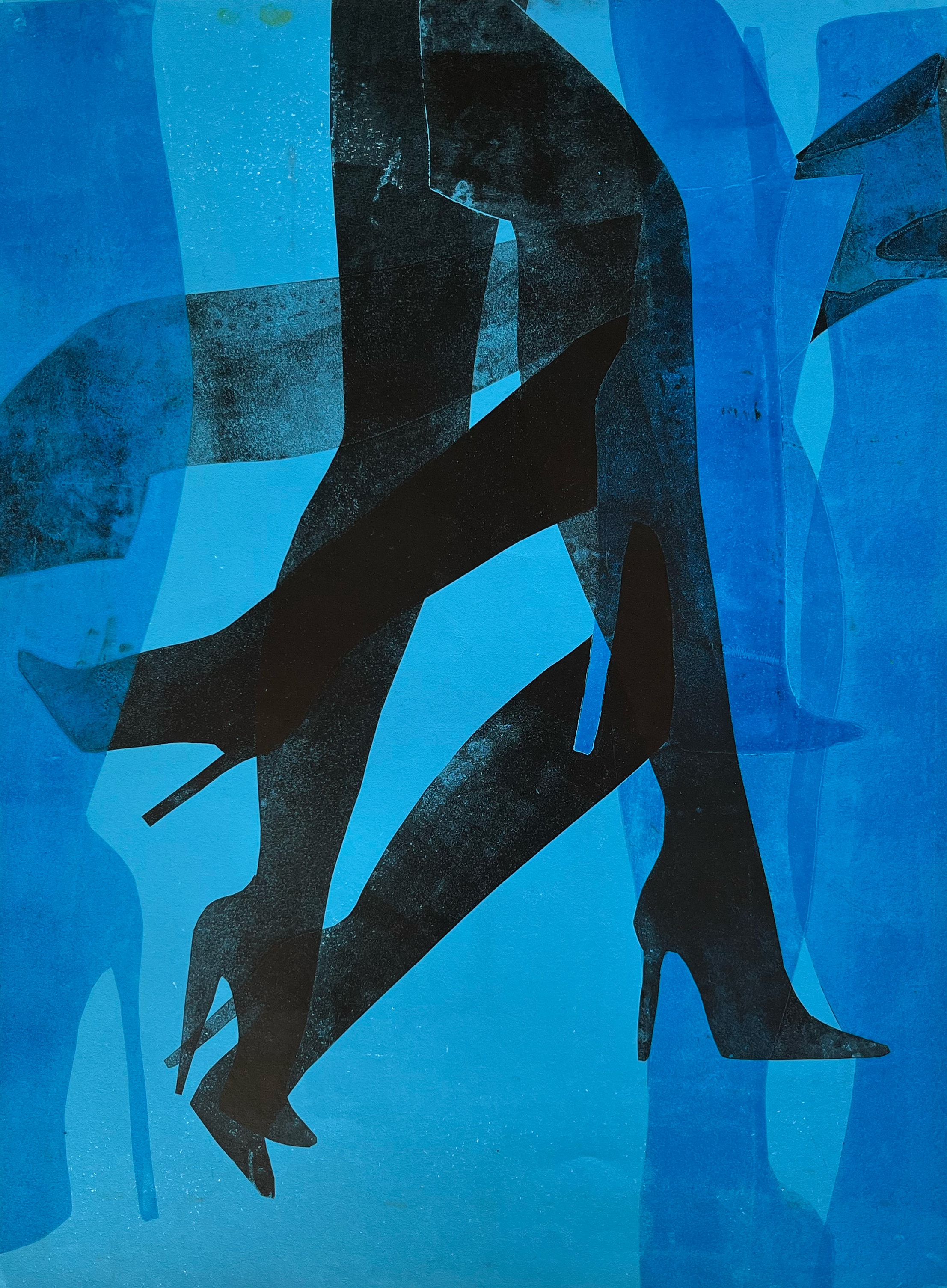 Monotype 4 — abstract black leg and heel silhouettes on cerulean blue ground, KH Peach 2022