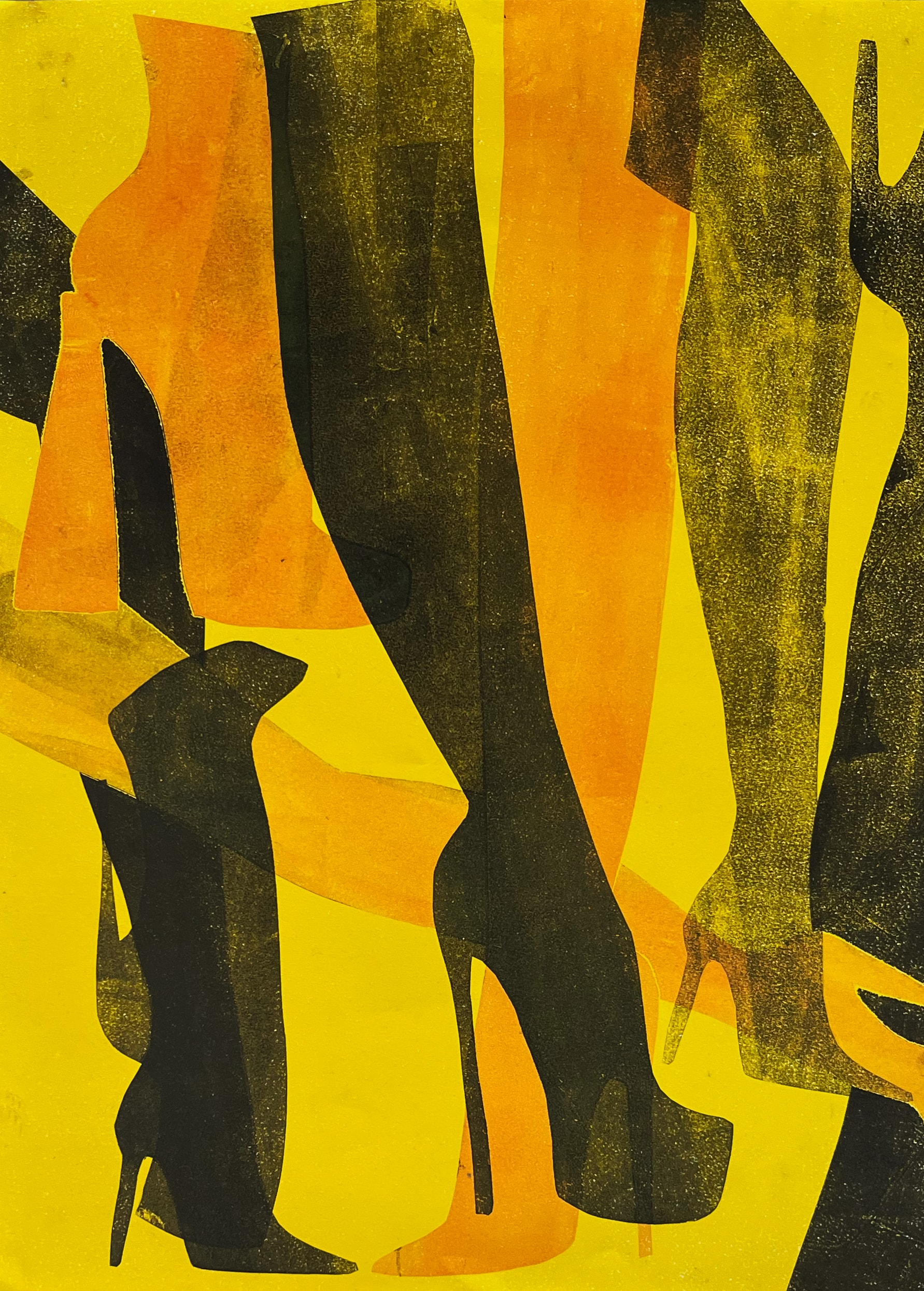 Monotype 6 — abstract black and orange heel silhouettes on yellow ground, KH Peach 2022
