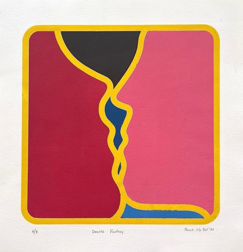 Double Fantasy 6/8 — screenprint two profile faces, crimson and pink with yellow border, KH Peach 2023