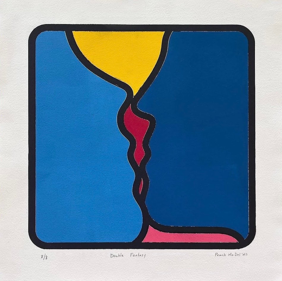 Double Fantasy 8/8 — screenprint two profile faces, blue with yellow and red detail, black border, KH Peach 2023
