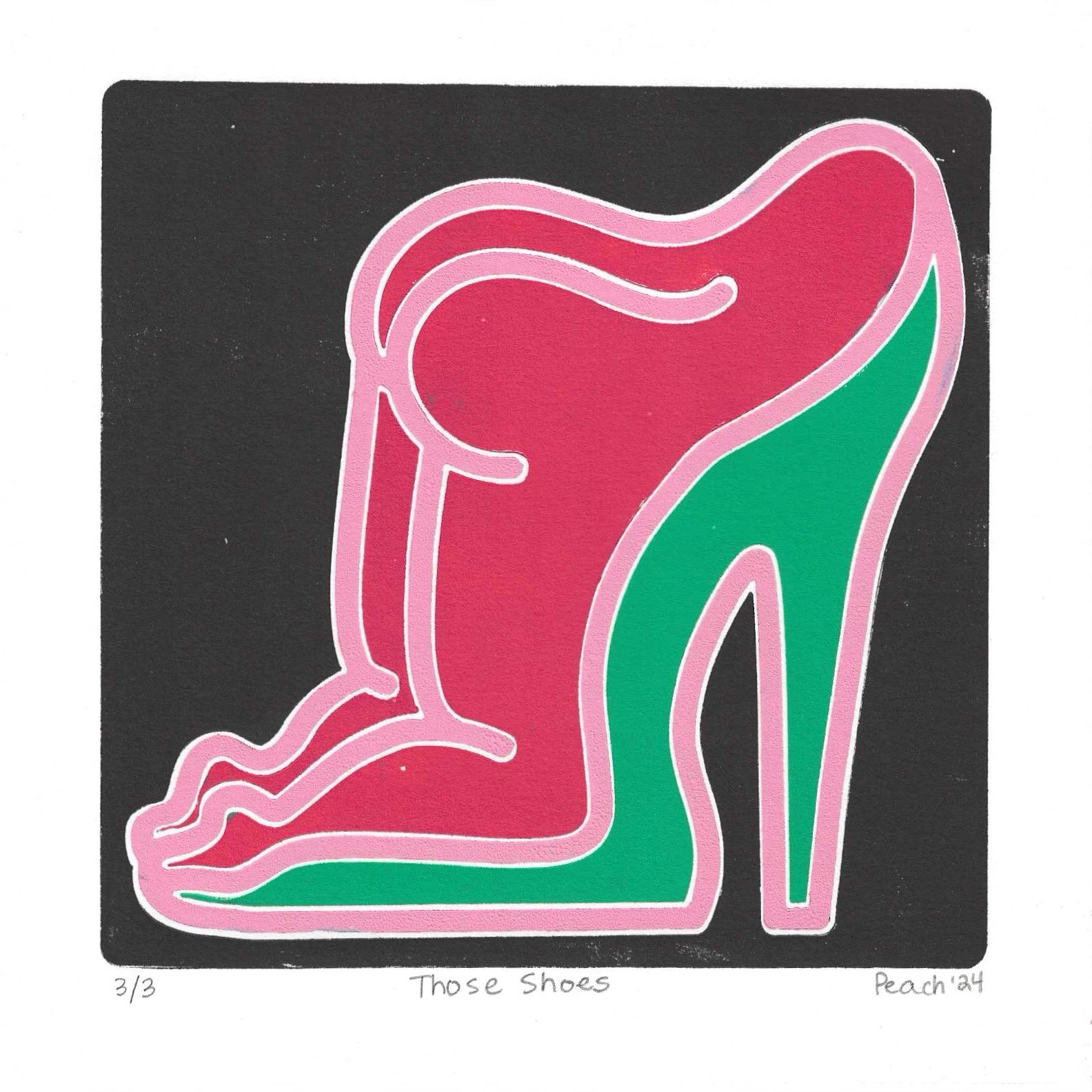 Those Shoes 3/3 — screenprint abstract high heel shoe, crimson and green on black ground, KH Peach 2024