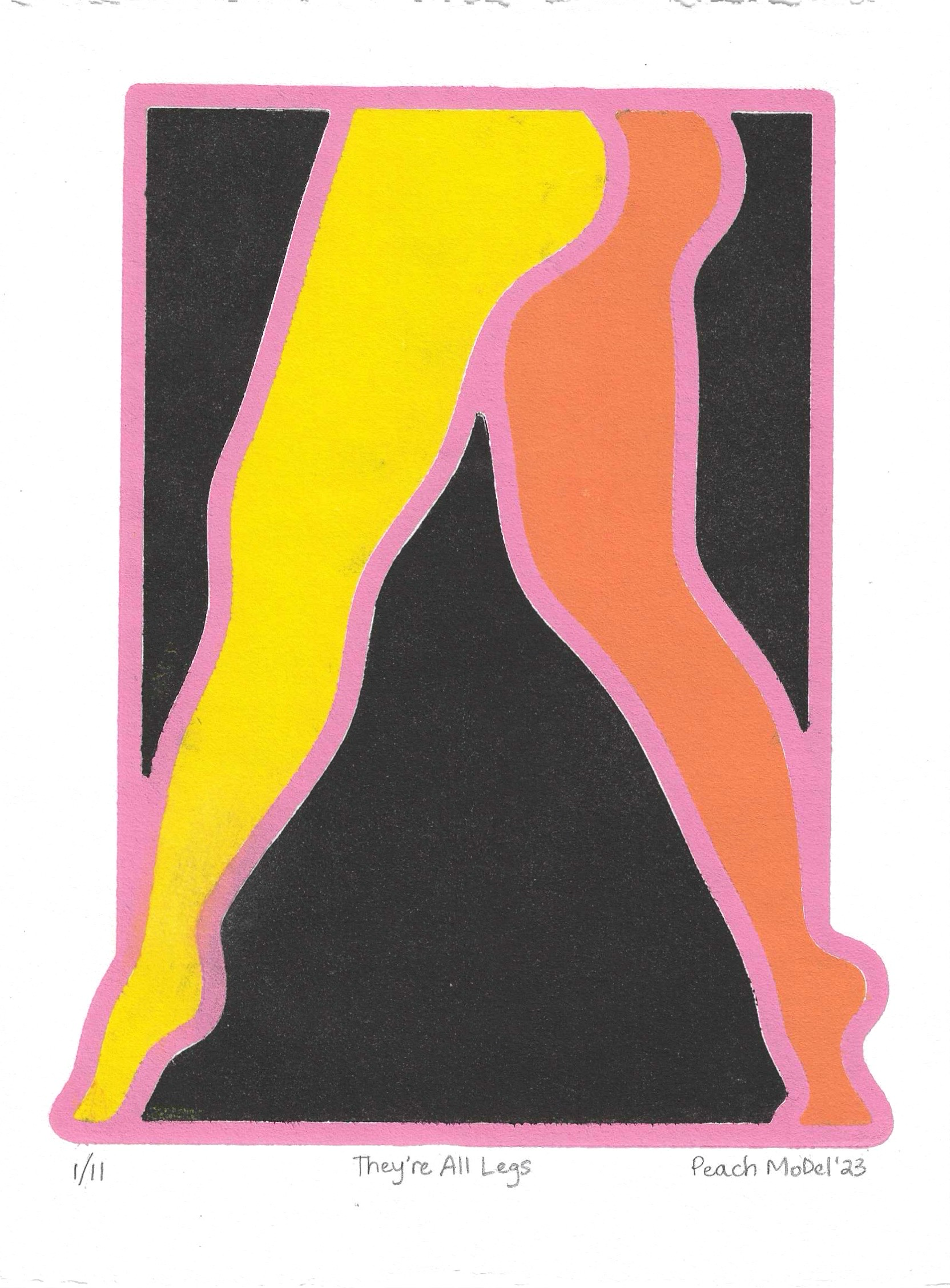 They're All Legs 1/11 — screenprint abstract leg silhouettes, yellow and orange on black ground with pink border, KH Peach Model 2023