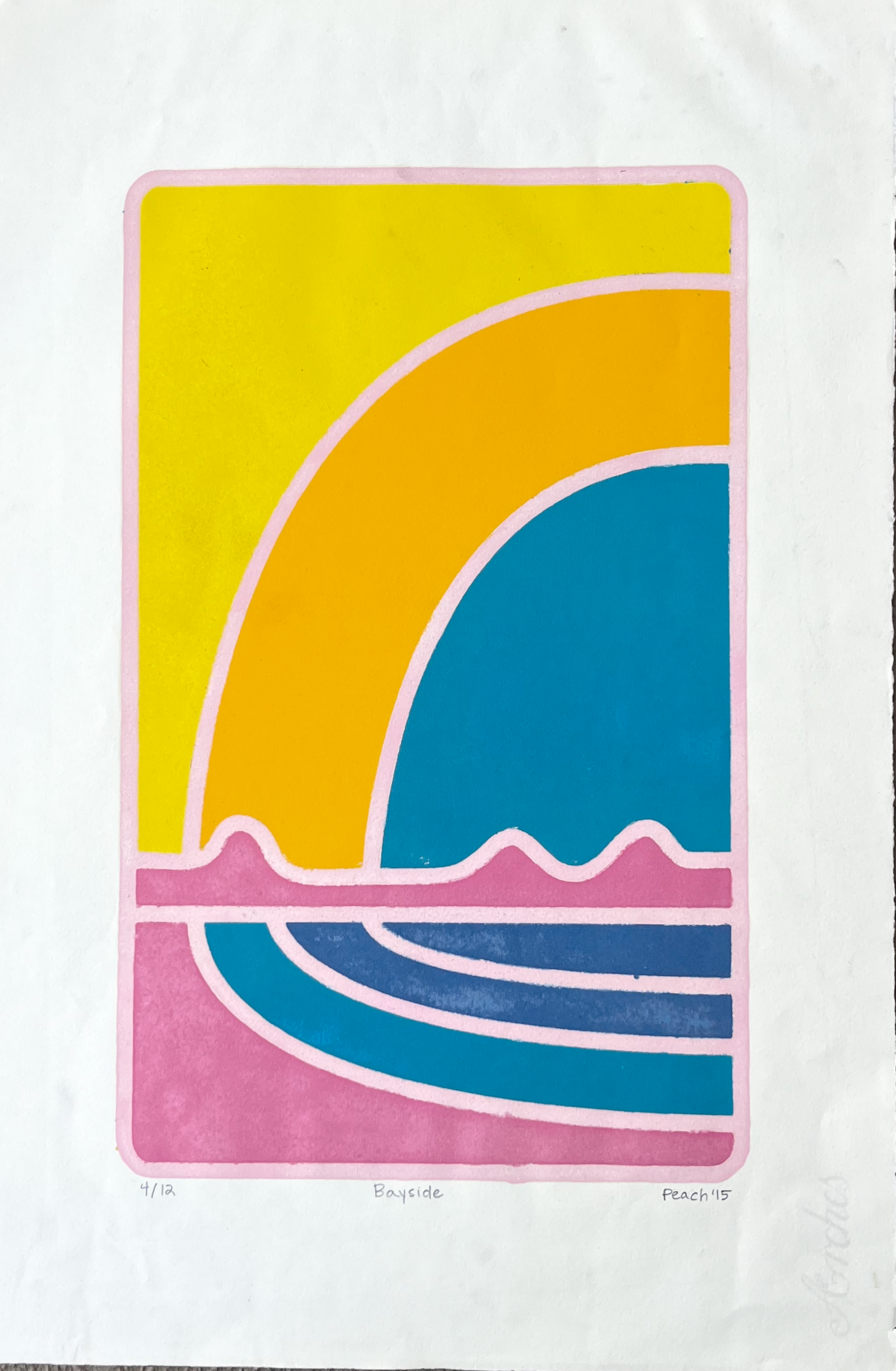 Bayside 4/12 — screenprint abstract landscape yellow orange teal pink, Peach 2015