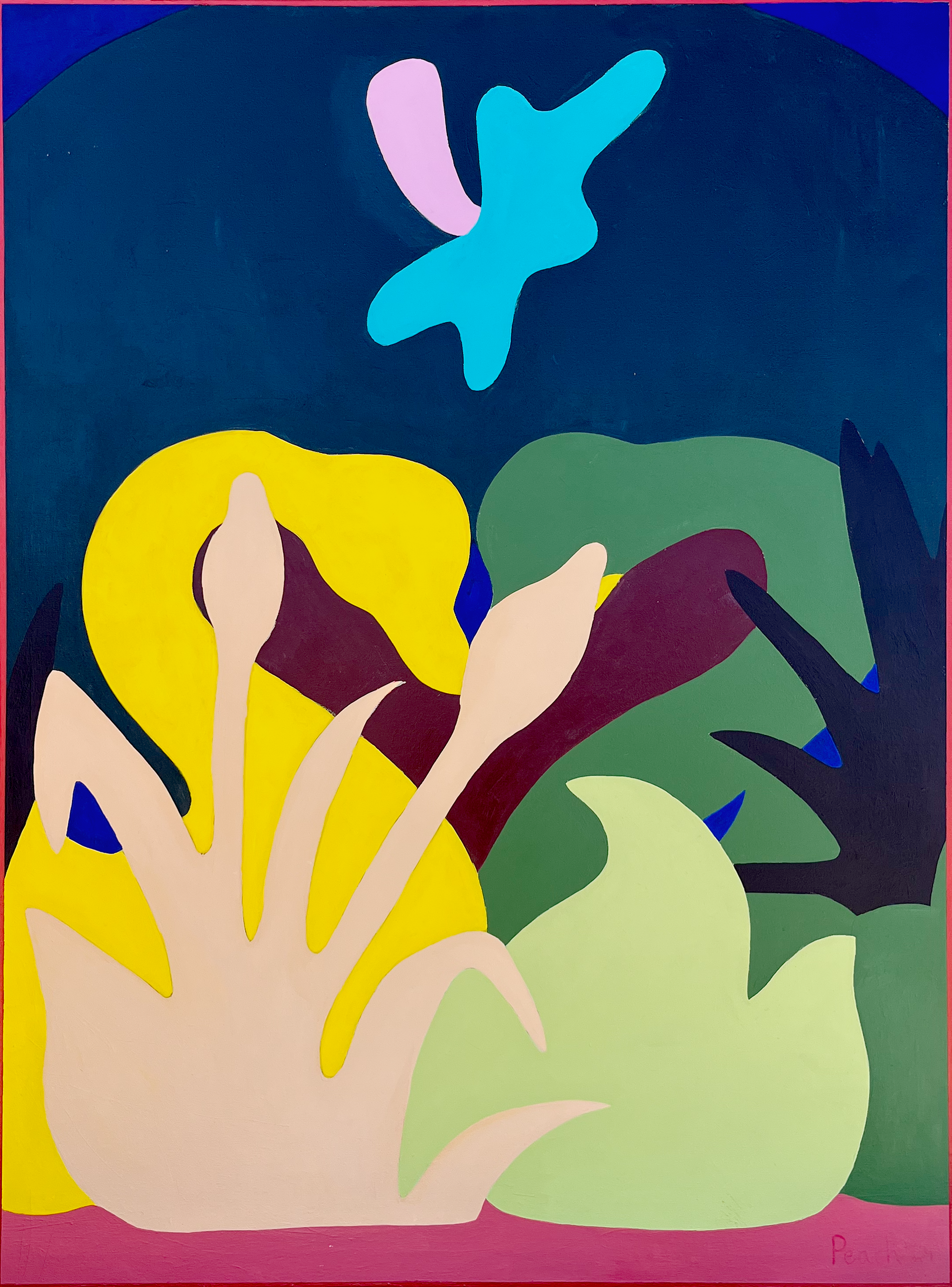 Swan Lake — abstract organic shapes cyan pink yellow green dark teal ground, KH Peach 2022