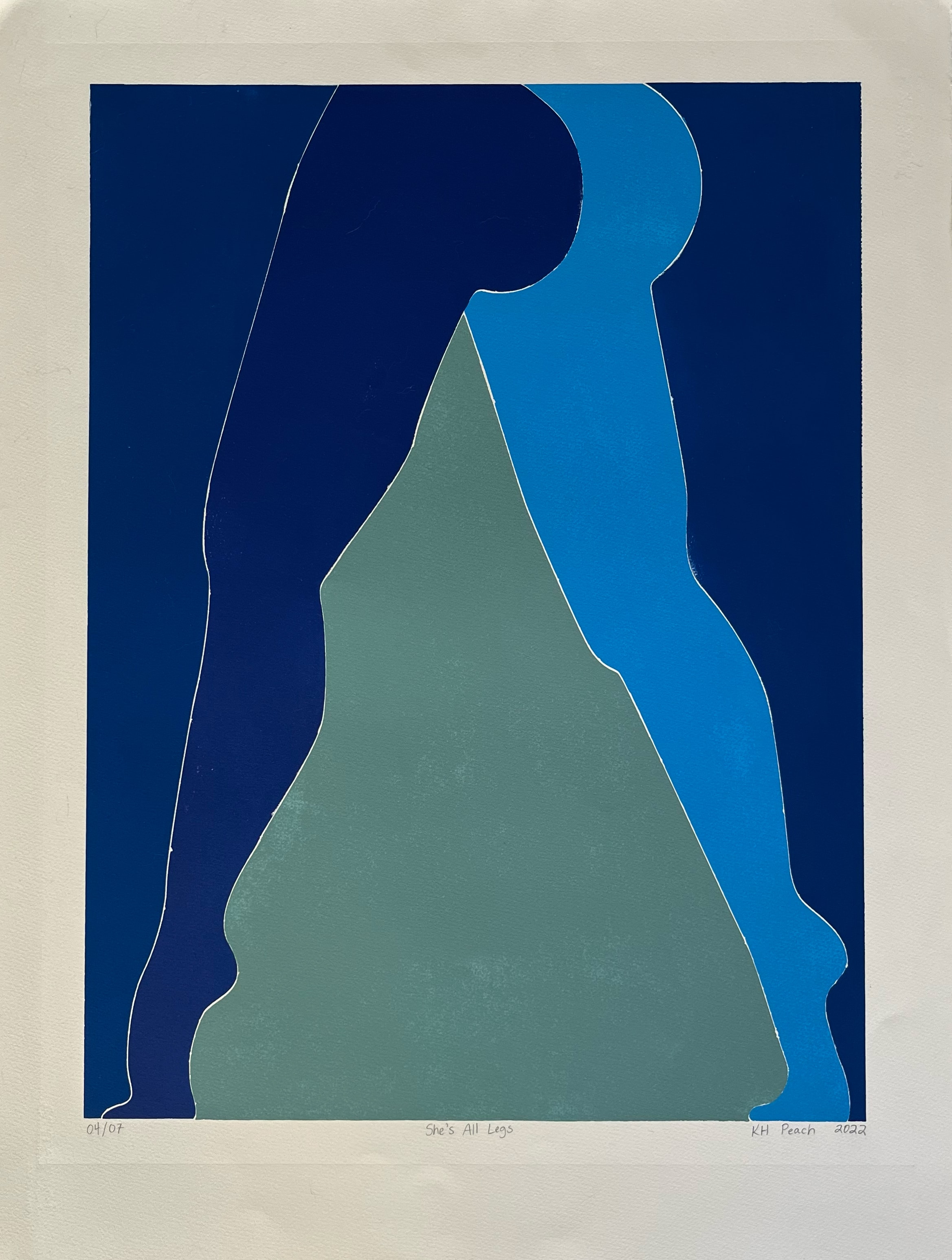 She's All Legs 07/07 — bold screenprint, pink and slate blue legs on deep purple ground, KH Peach 2022